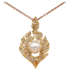 Fabulous Retro .80 Carat Orange Brown Diamond Flamed Pearl Pendant Chain