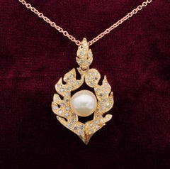 Fabulous Vintage .80 Carat Orange Brown Diamond Flamed Pearl Pendant Chain
