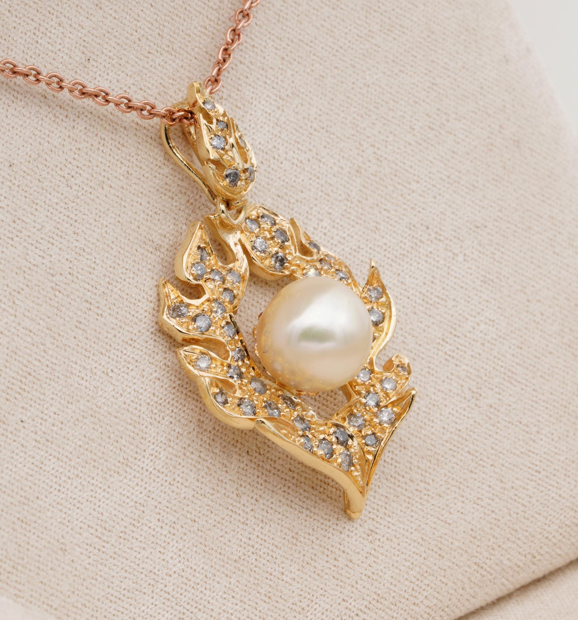 Contemporary Fabulous Vintage .80 Carat Orange Brown Diamond Flamed Pearl Pendant Chain For Sale