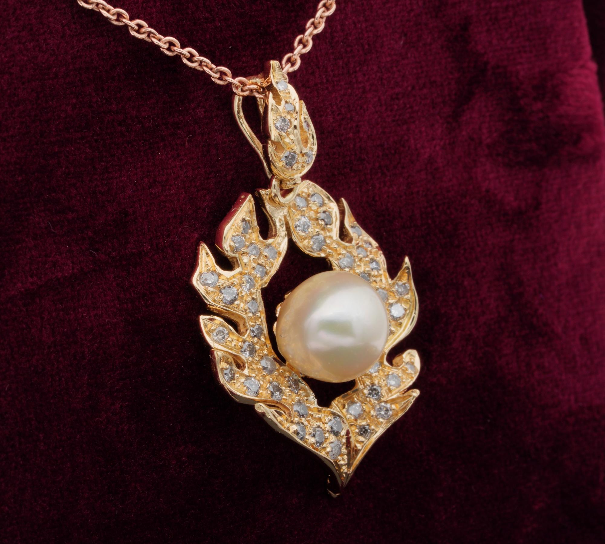 Fabulous Vintage .80 Carat Orange Brown Diamond Flamed Pearl Pendant Chain In Good Condition For Sale In Napoli, IT