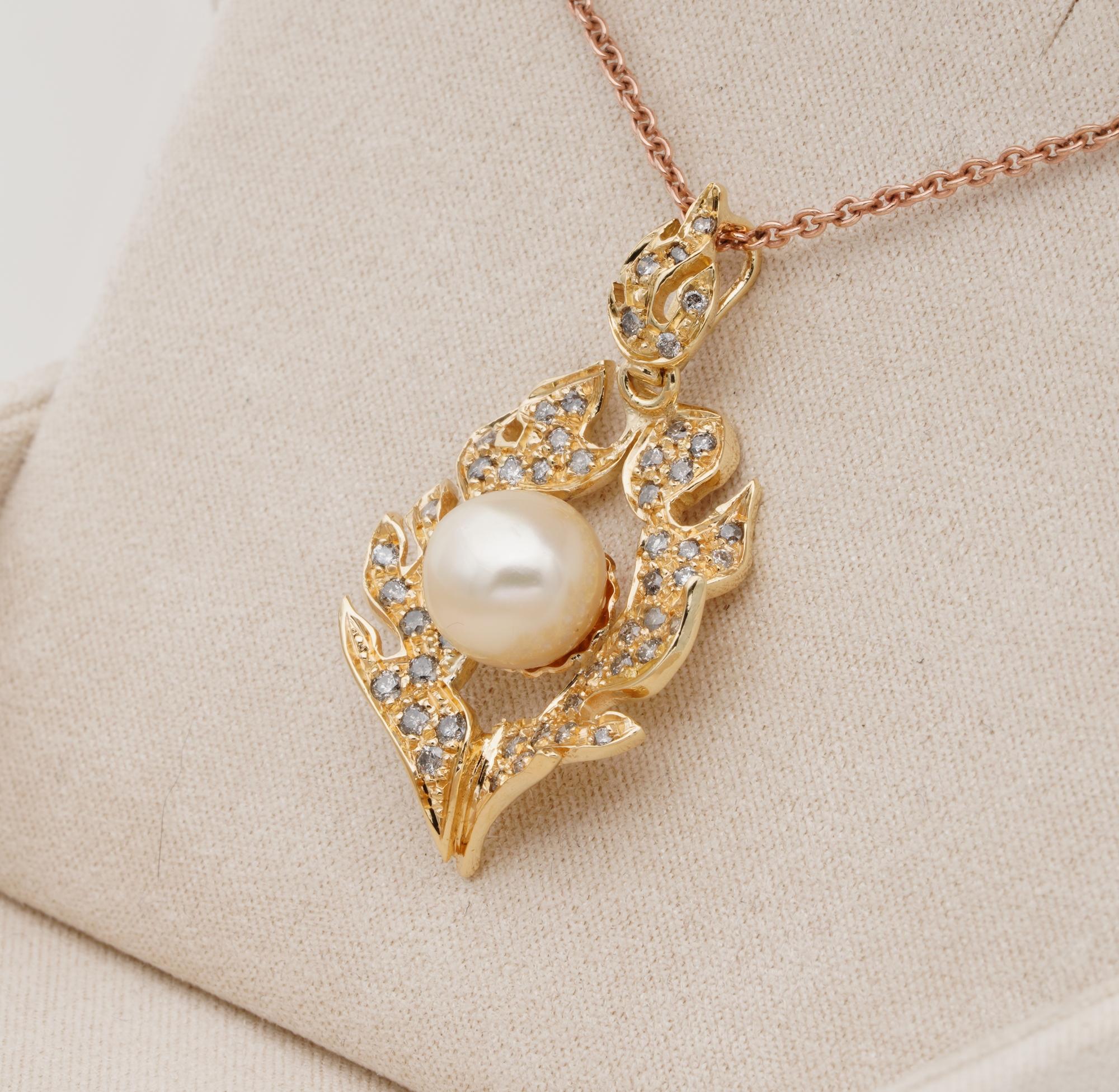 Women's Fabulous Vintage .80 Carat Orange Brown Diamond Flamed Pearl Pendant Chain For Sale