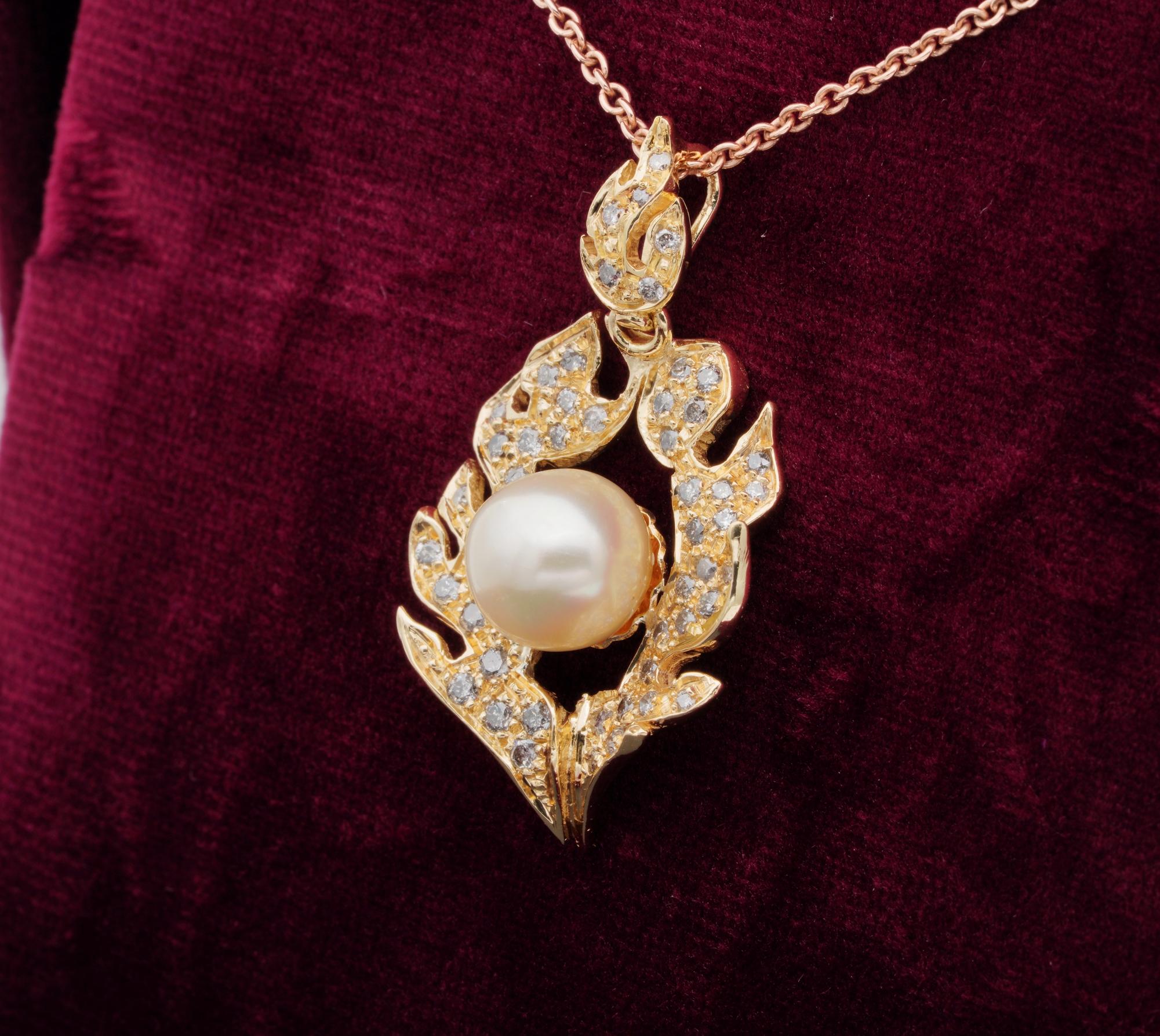 Fabulous Vintage .80 Carat Orange Brown Diamond Flamed Pearl Pendant Chain For Sale 1