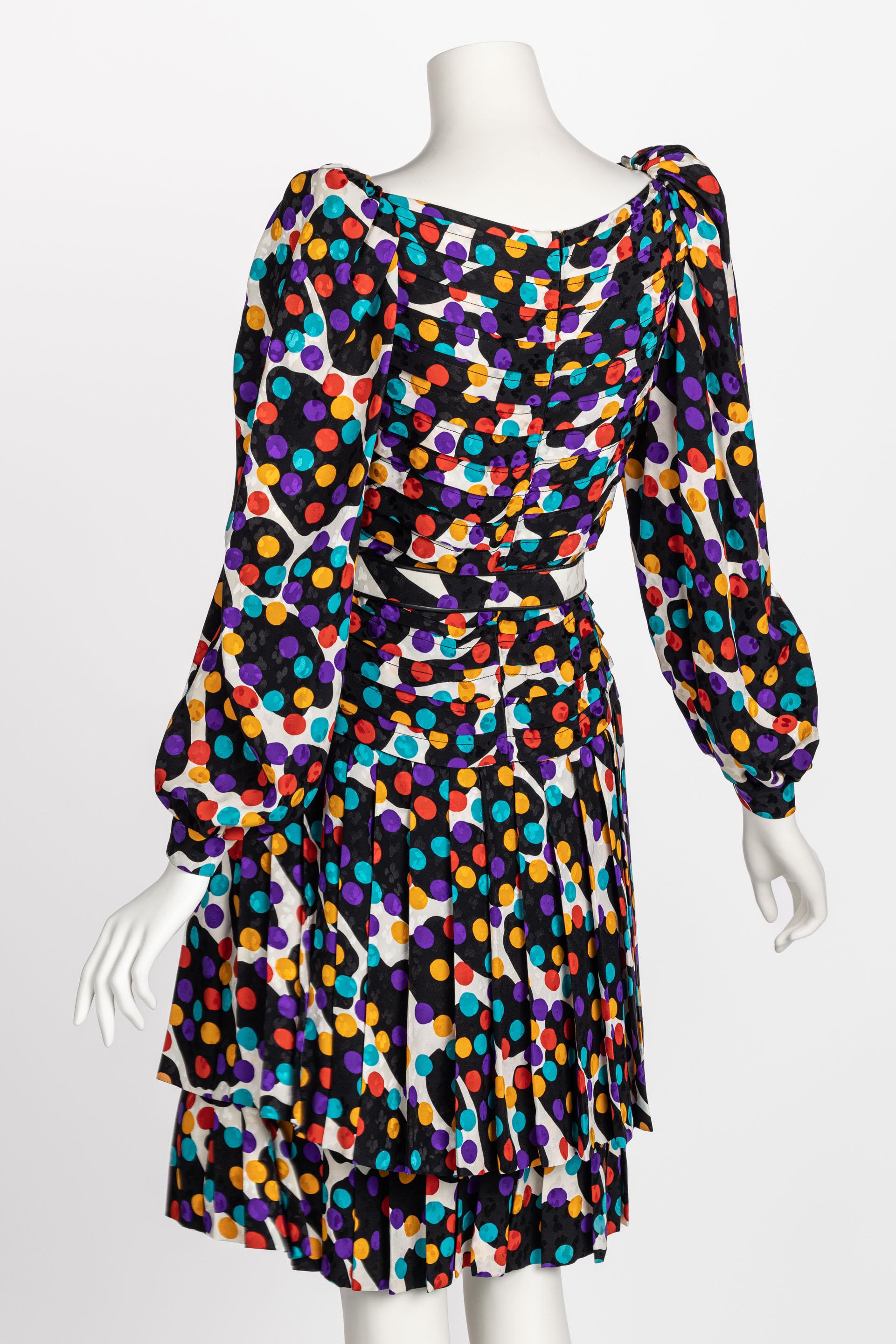 Black Fabulous Vintage Galanos Polka Dot Silk Pleated Belted Dress, 1980s For Sale