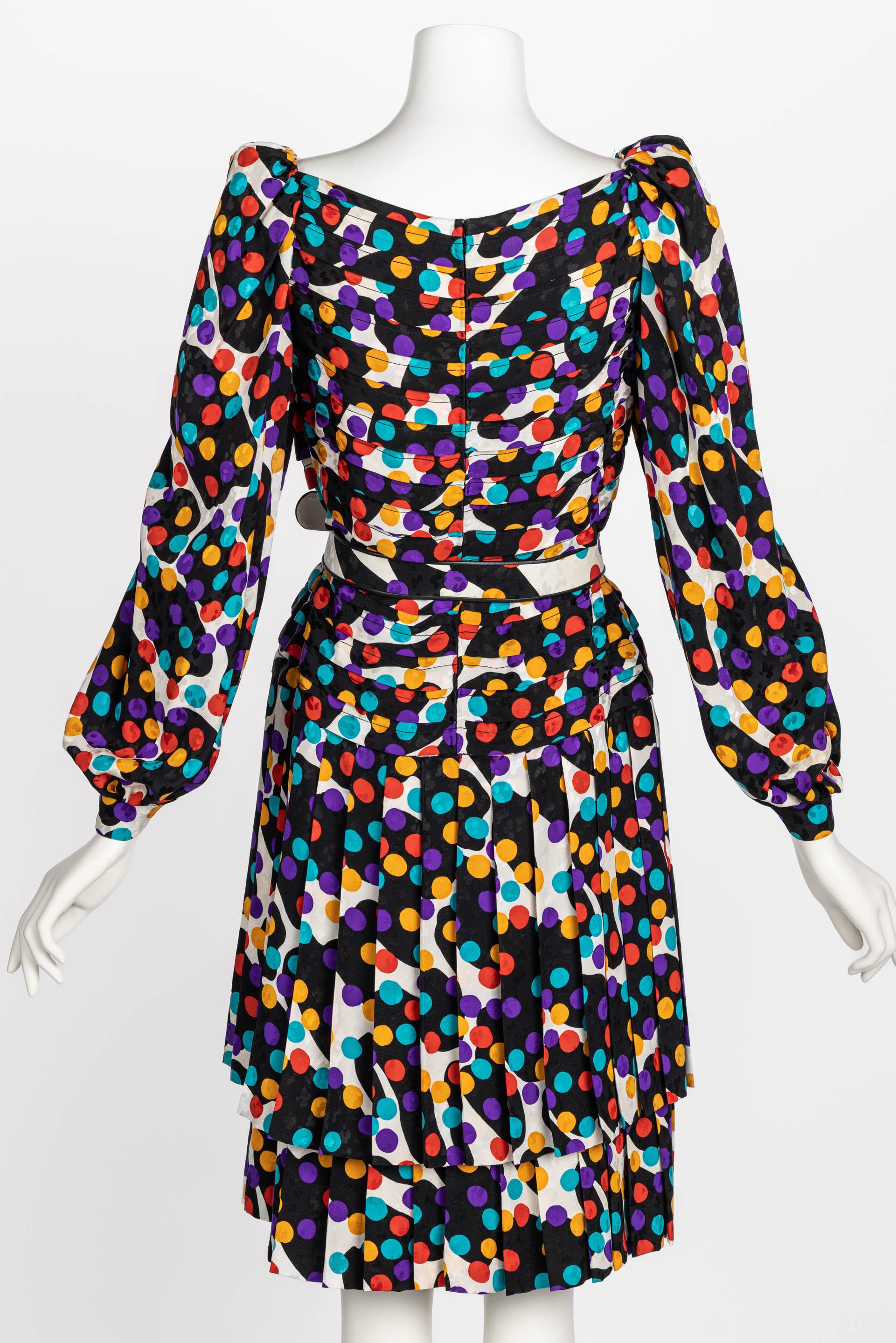 Fabulous Vintage Galanos Polka Dot Silk Pleated Belted Dress, 1980s In Excellent Condition For Sale In Boca Raton, FL