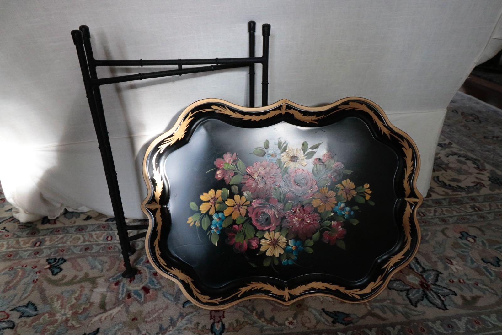 Fabulous vintage 1940s hand painted Dahlia's, roses, daisies, bluebells tin tray table. Black painted background subtle gilt border. Perfect size for cocktails or tea.