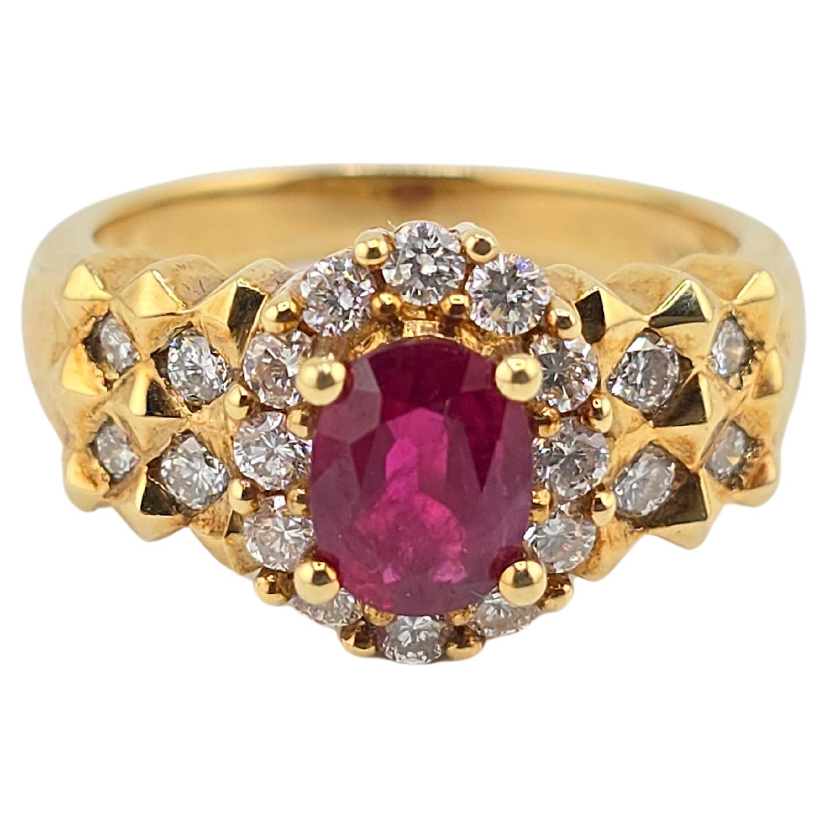 Fabulous Vivid Ruby & Diamond 18K Yellow Gold Ring Gorgeous Diamonds For Sale