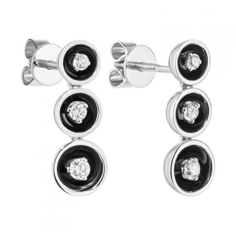 Round Cut Fabulous White Gold Diamond Dangle Stud Earrings for Her with Black Enamel For Sale