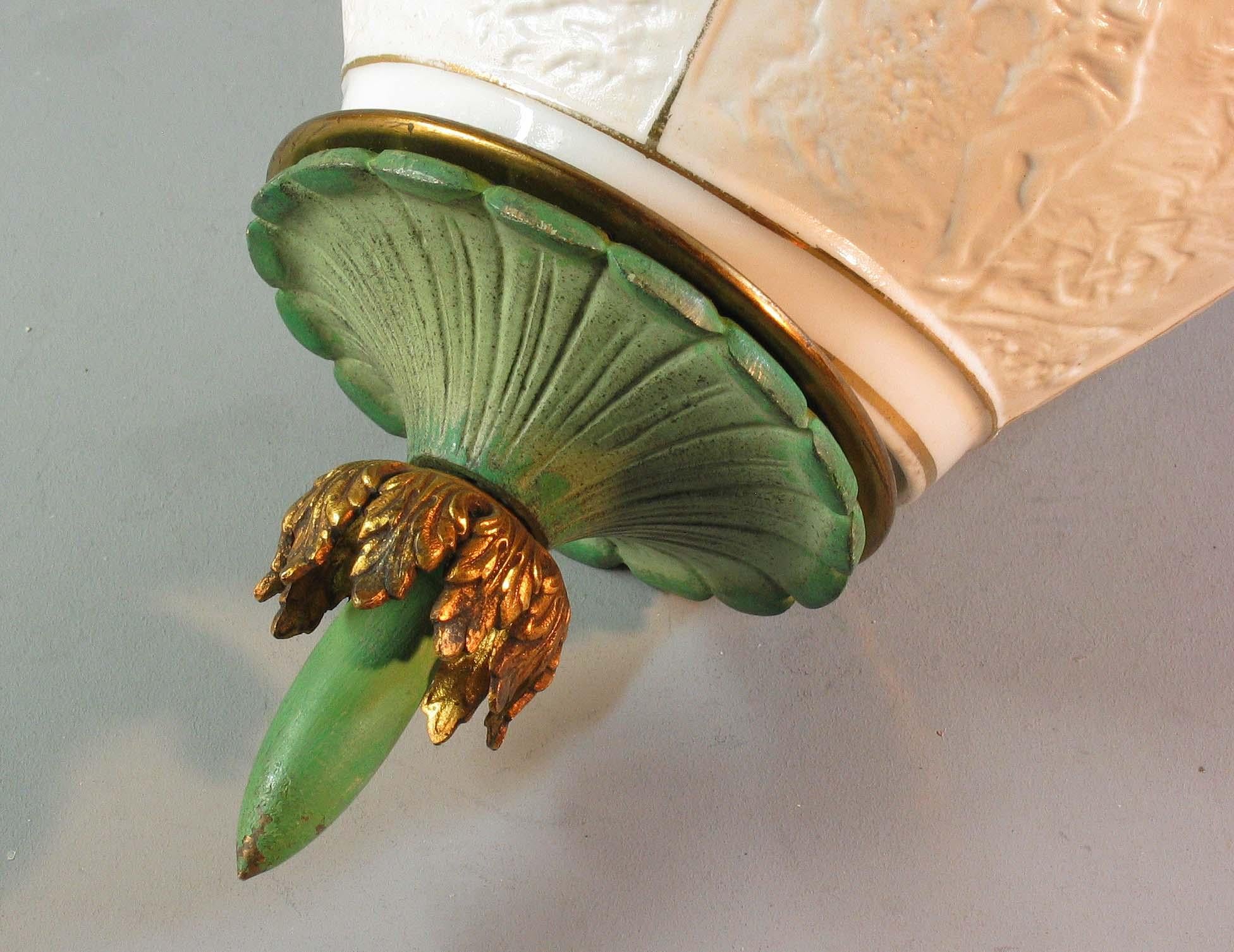Fabulous Wrought Brass and Lithophane Ceiling Light, Early 20th Century 4