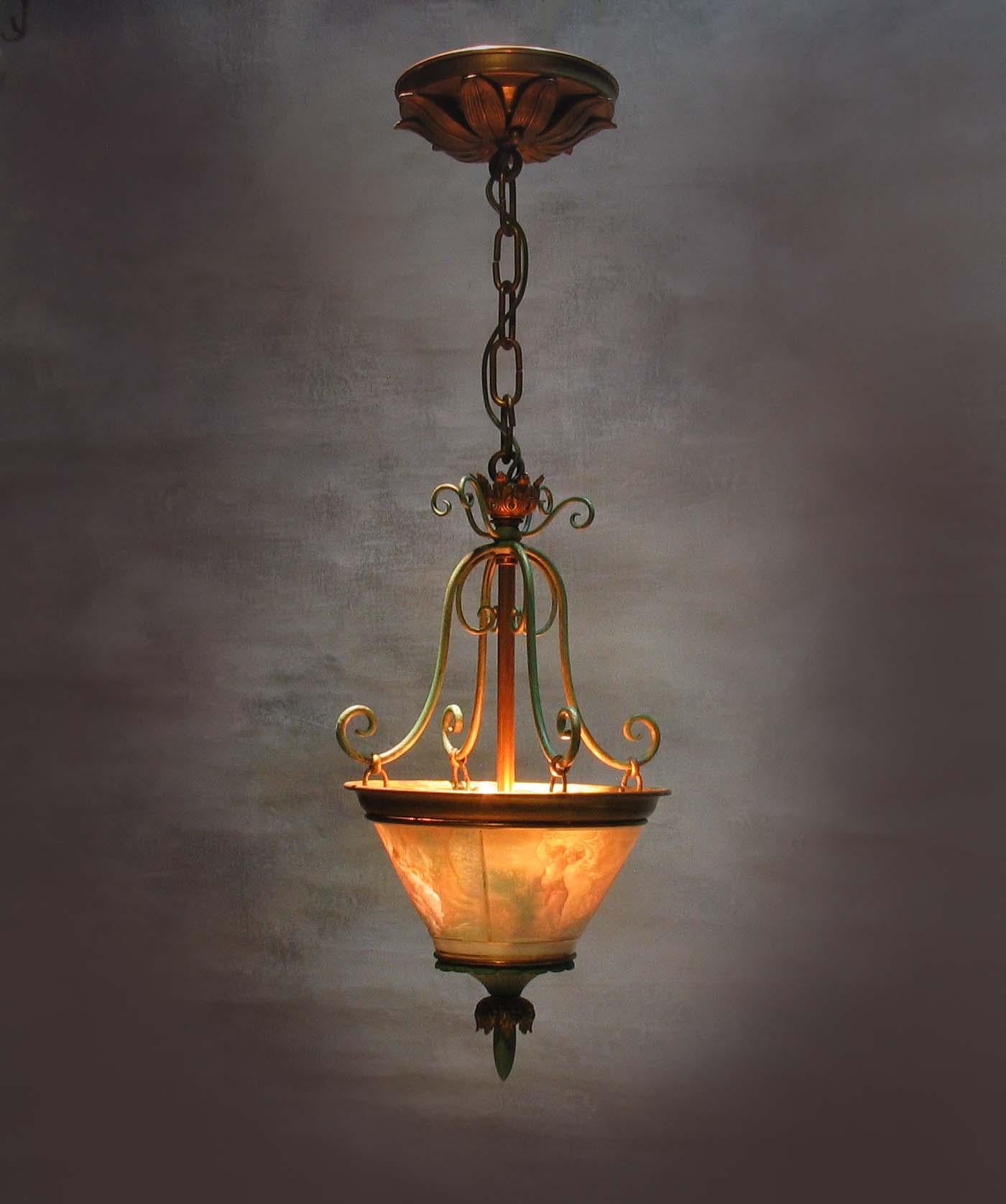 Fabulous Wrought Brass and Lithophane Ceiling Light, Early 20th Century 11