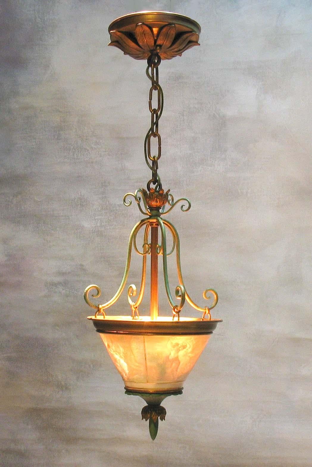 Fabulous Wrought Brass and Lithophane Ceiling Light, Early 20th Century 12