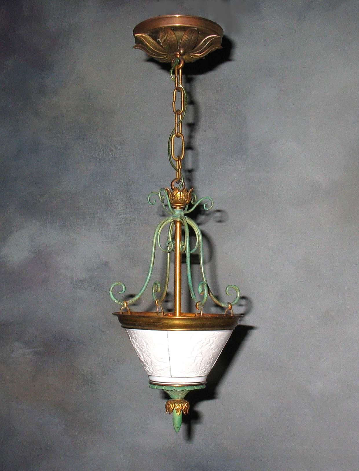 German Fabulous Wrought Brass and Lithophane Ceiling Light, Early 20th Century