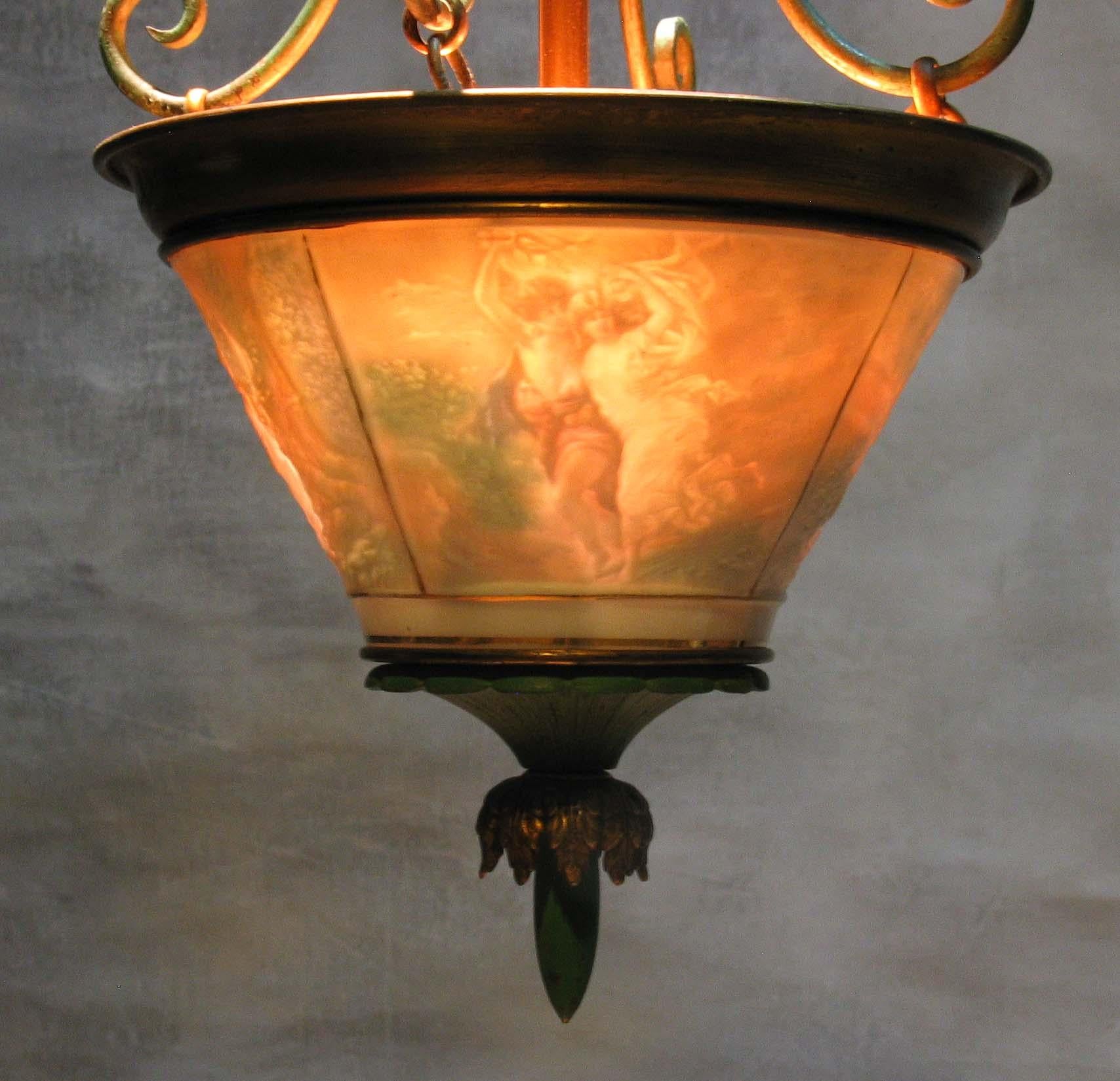 Hand-Crafted Fabulous Wrought Brass and Lithophane Ceiling Light, Early 20th Century