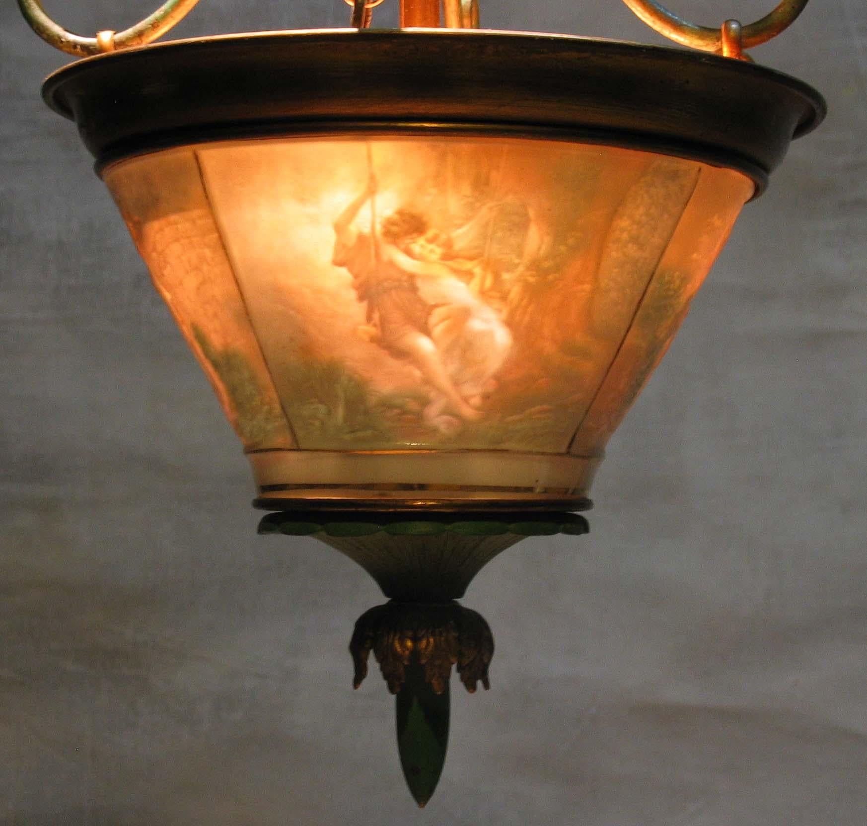 Fabulous Wrought Brass and Lithophane Ceiling Light, Early 20th Century In Good Condition In Ottawa, Ontario