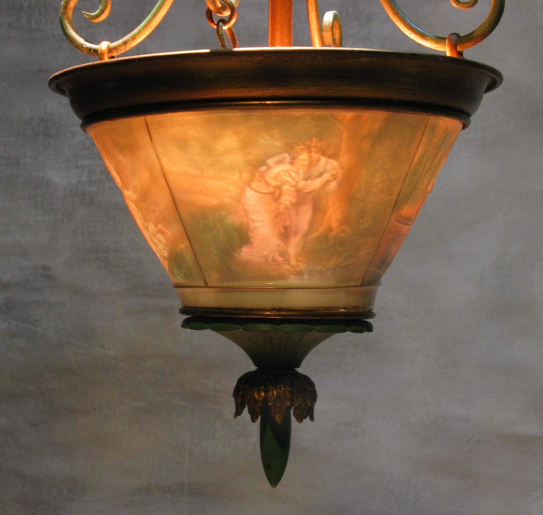 Fabulous Wrought Brass and Lithophane Ceiling Light, Early 20th Century 1