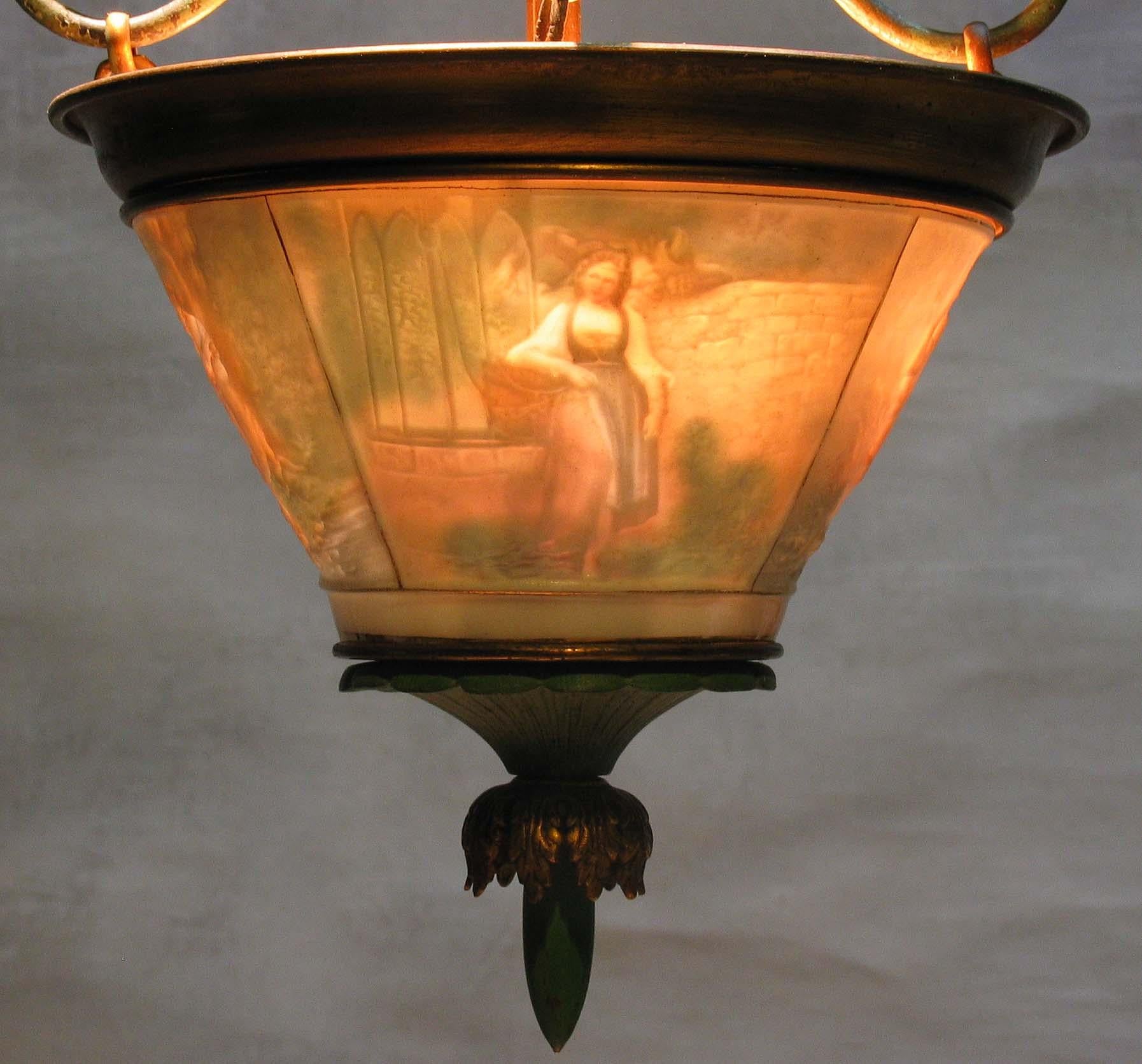 Fabulous Wrought Brass and Lithophane Ceiling Light, Early 20th Century 2