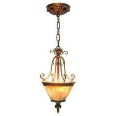 Fabulous Wrought Brass and Lithophane Ceiling Light, Early 20th Century