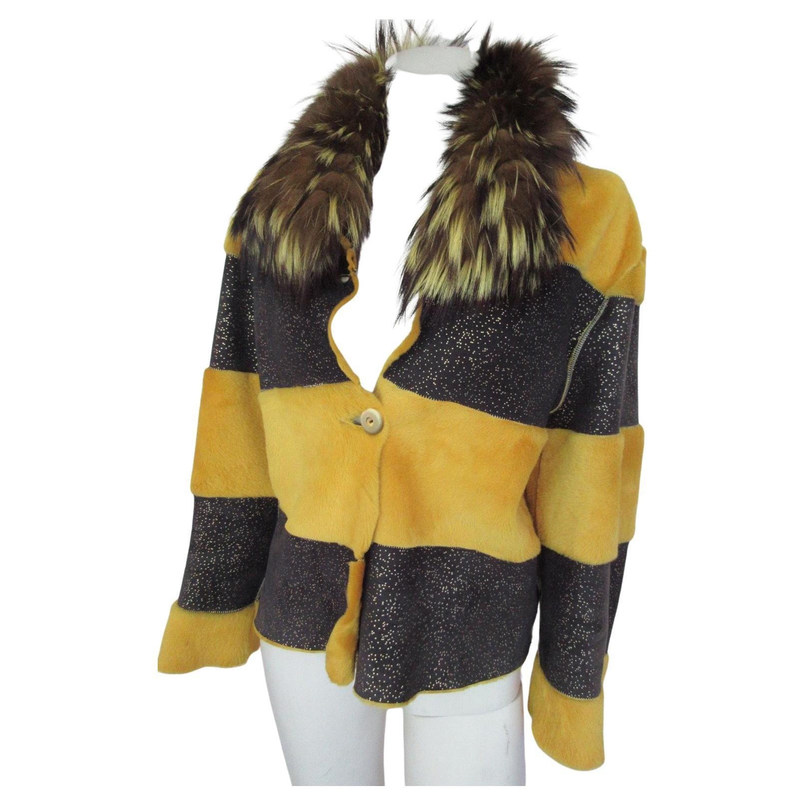 Fabulous Yellow Black Lamb Fur Fox Fur Jacket