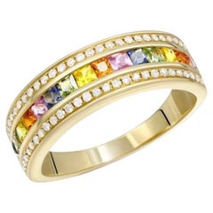 Fabulous Yellow Orange Pink Blue Sapphire Diamond Yellow Gold Ring for Her