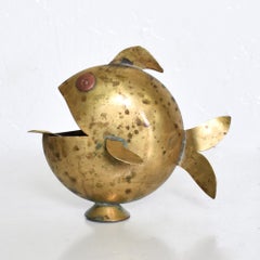 Fabulous Puffer Fish Ashtray Solid Brass and Copper Eyes 1970s Mexican Modernism