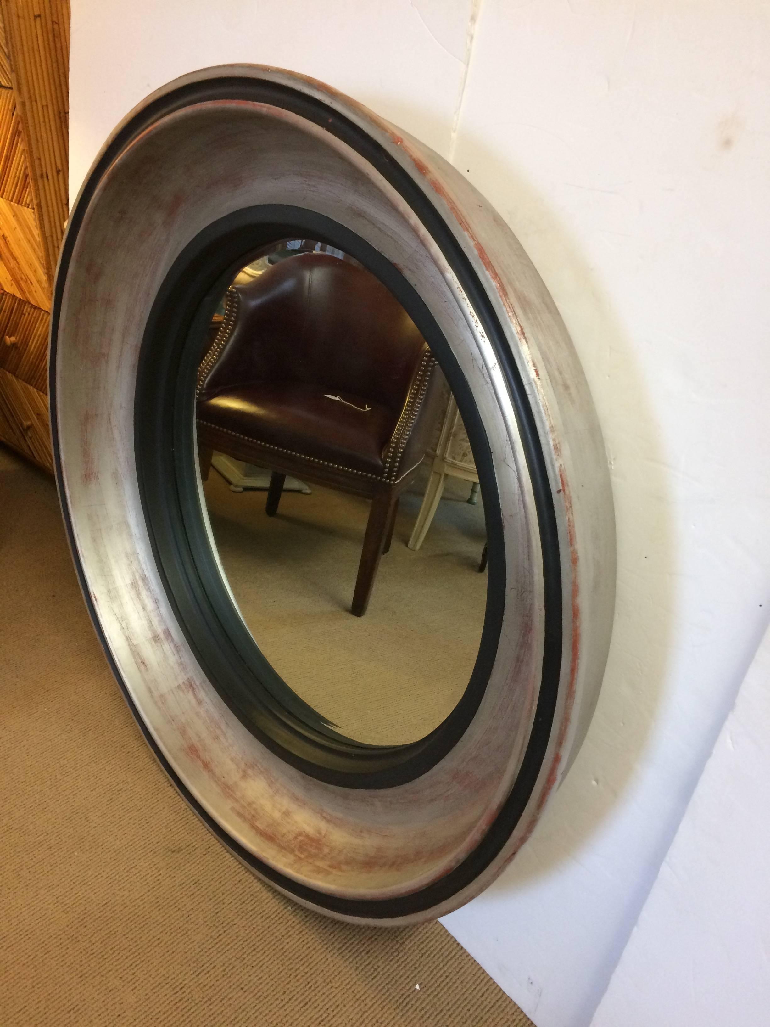 Late 20th Century  Monumentally Large Silver Leaf Round Architectural Mid-Century Modern Mirror