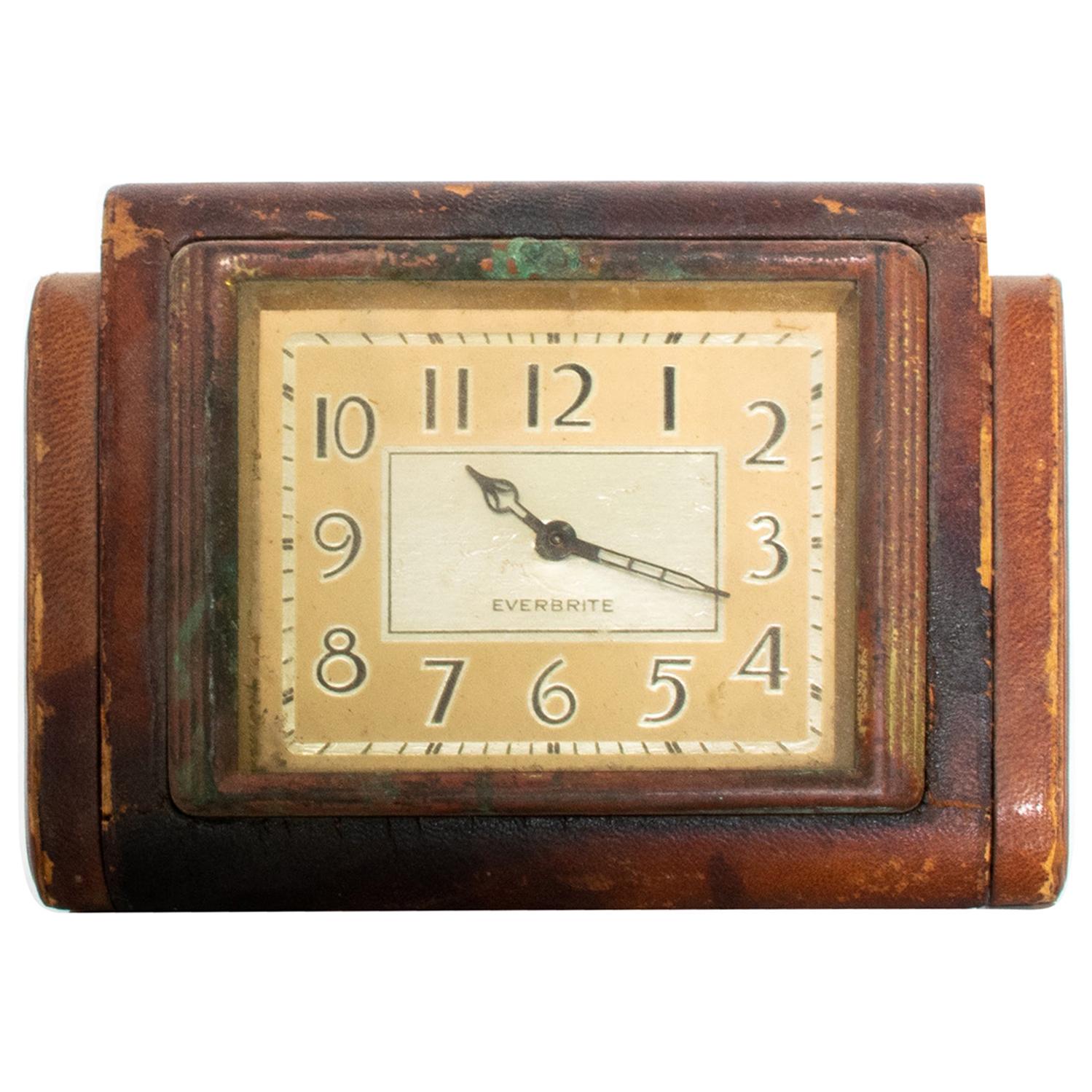 EVERBRITE Desk Clock Distressed Leather Modern 1950s Vintage