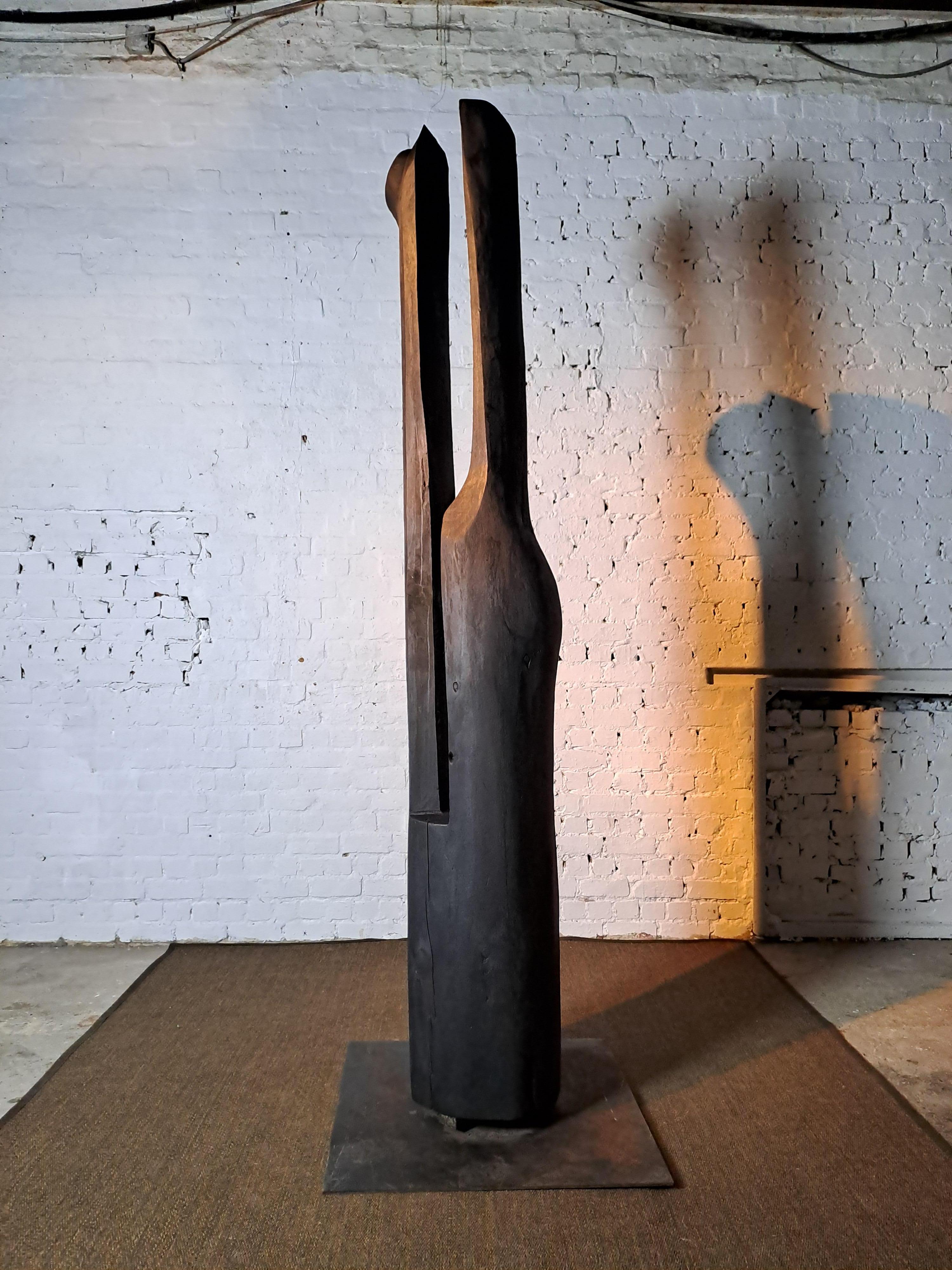 Wood 'Face 2 face' - ebonised abstract wooden sculpture For Sale