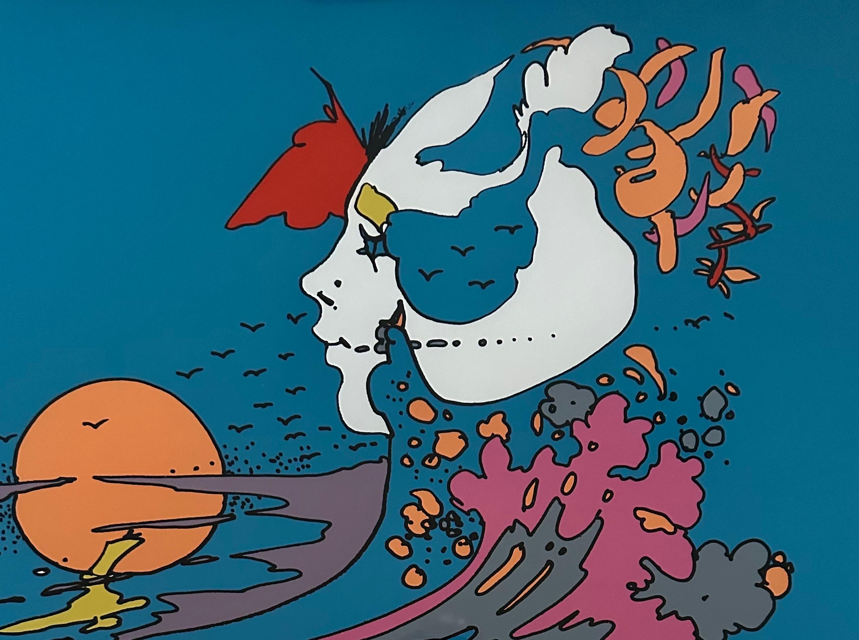 „Face and Sunset“ Serigraphie in limitierter Auflage von Peter Max 1972 (Holz) im Angebot