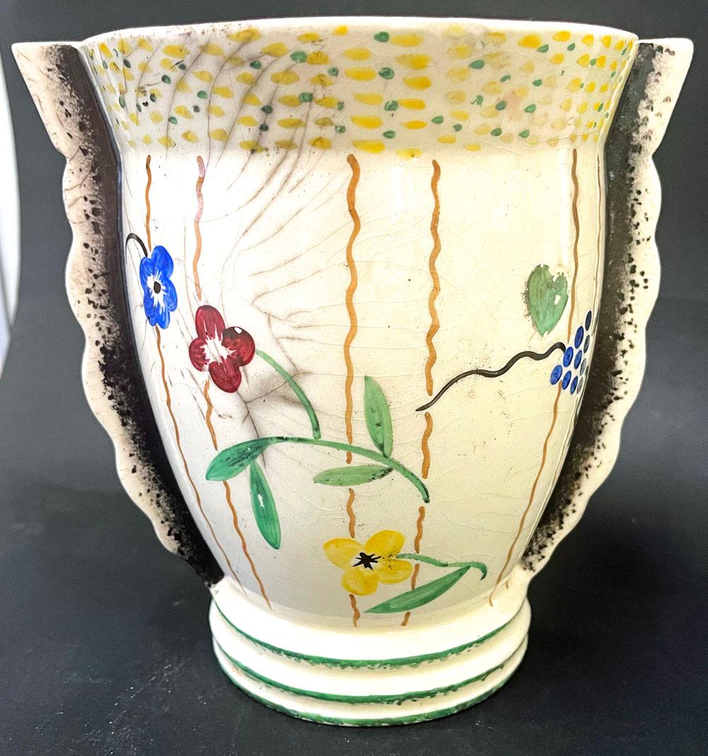 Vernissé « Pot à visage crème, bleu et jaune », fabuleuse poterie Art déco d'une artiste féminine en vente