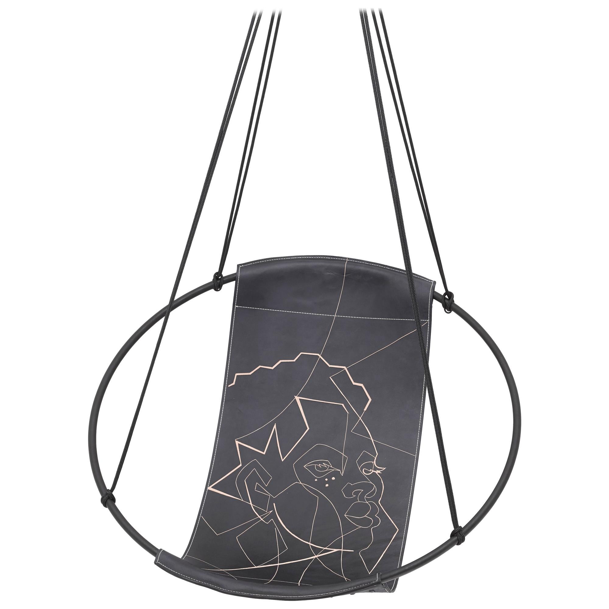 Face of Africa Sling Hanging Swing Chair Genuine Leather 21st Century Modern For Sale