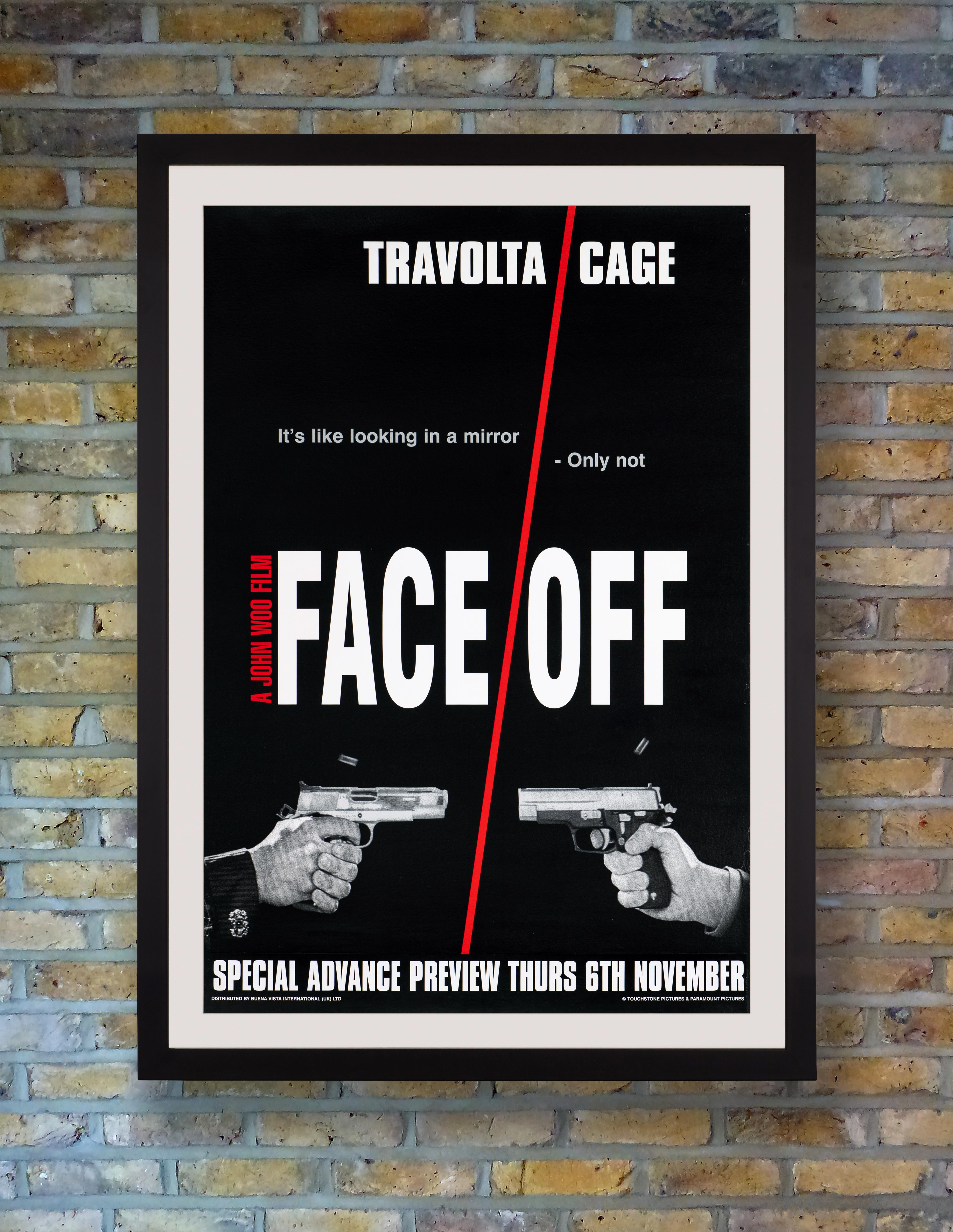 A rare British advance Double Crown poster for John Woo's 1997 face-swapping sci-fi action thriller 'Face/Off,' starring John Travolta and Nicholas Cage as arch enemies who undergo experimental surgery to assume each other's faces and identities in