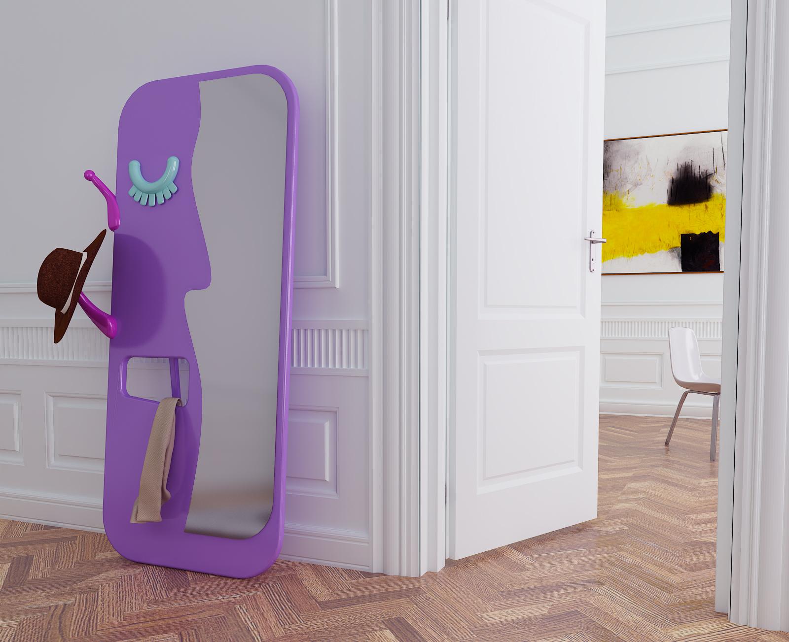 Face to Face Wandspiegel: Eleganter fliederfarbener Spiegel mit Aufhänger (Graviert) im Angebot