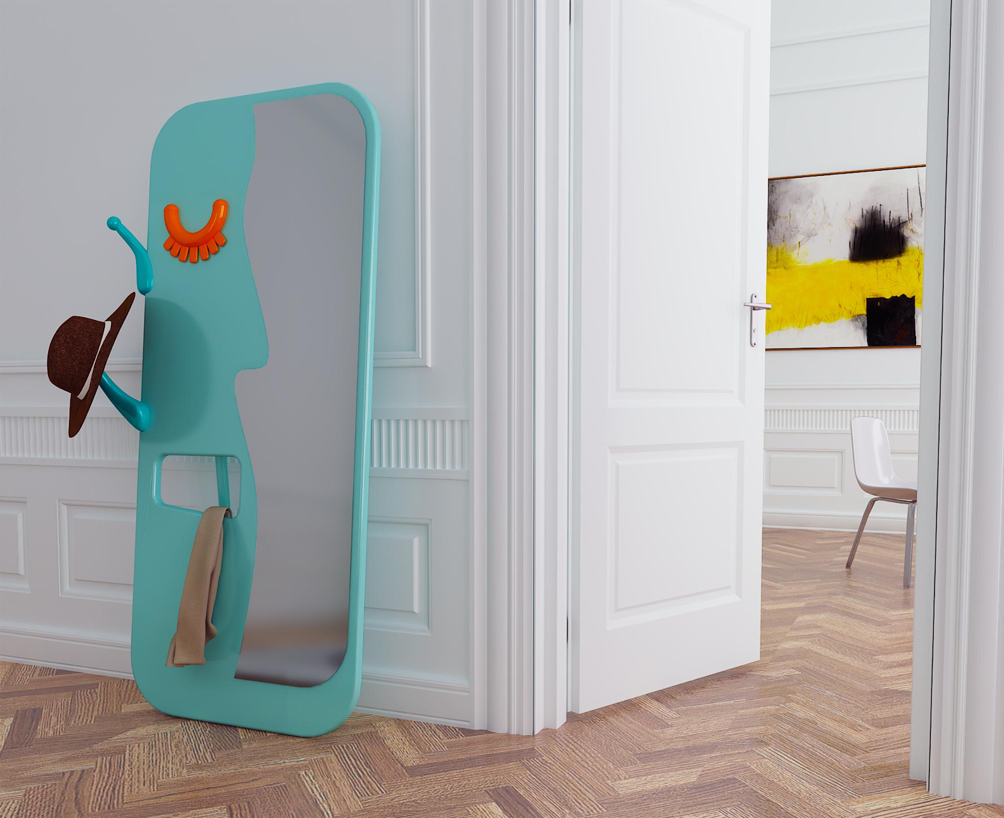 Moulage Miroir mural Face to Face : Captivant miroir turquoise à pied avec cintre en vente