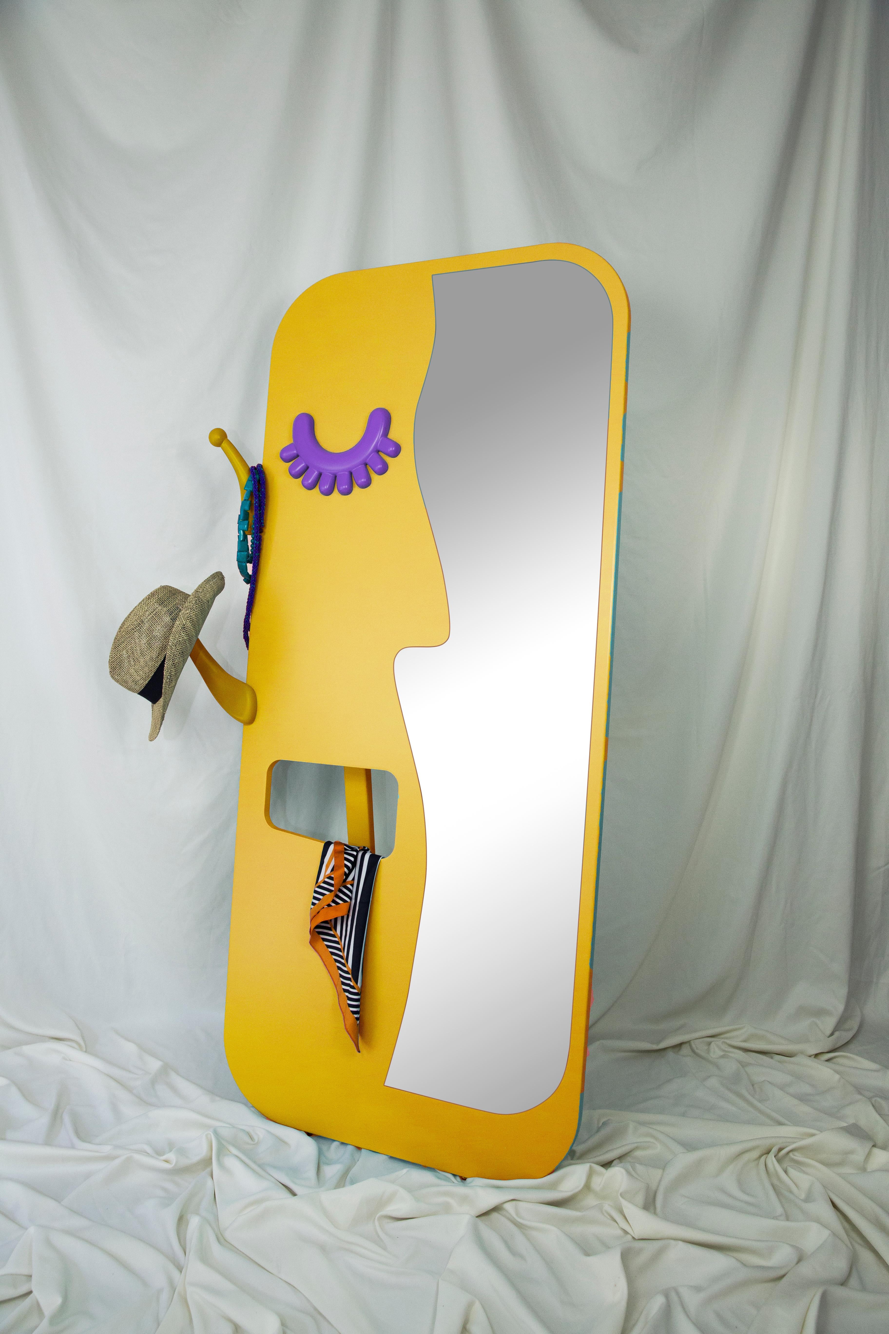 Post-Modern Face to Face Wall Mirror: Vibrant Yellow Full-Length Mirror with Hanger For Sale