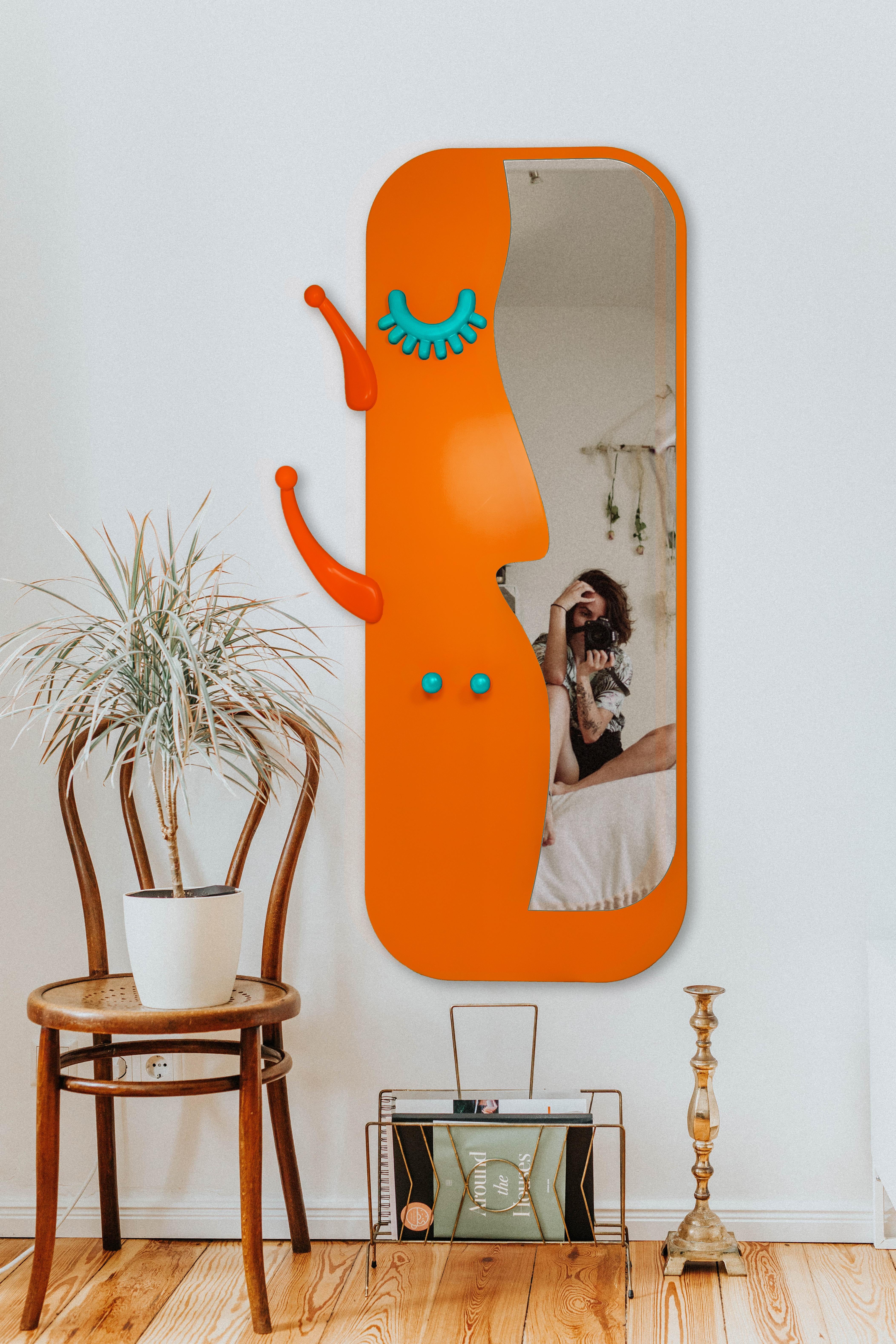 Engraved Face to Face Wall Mirror: Lively Orange Dressing Mirror with Hanger For Sale