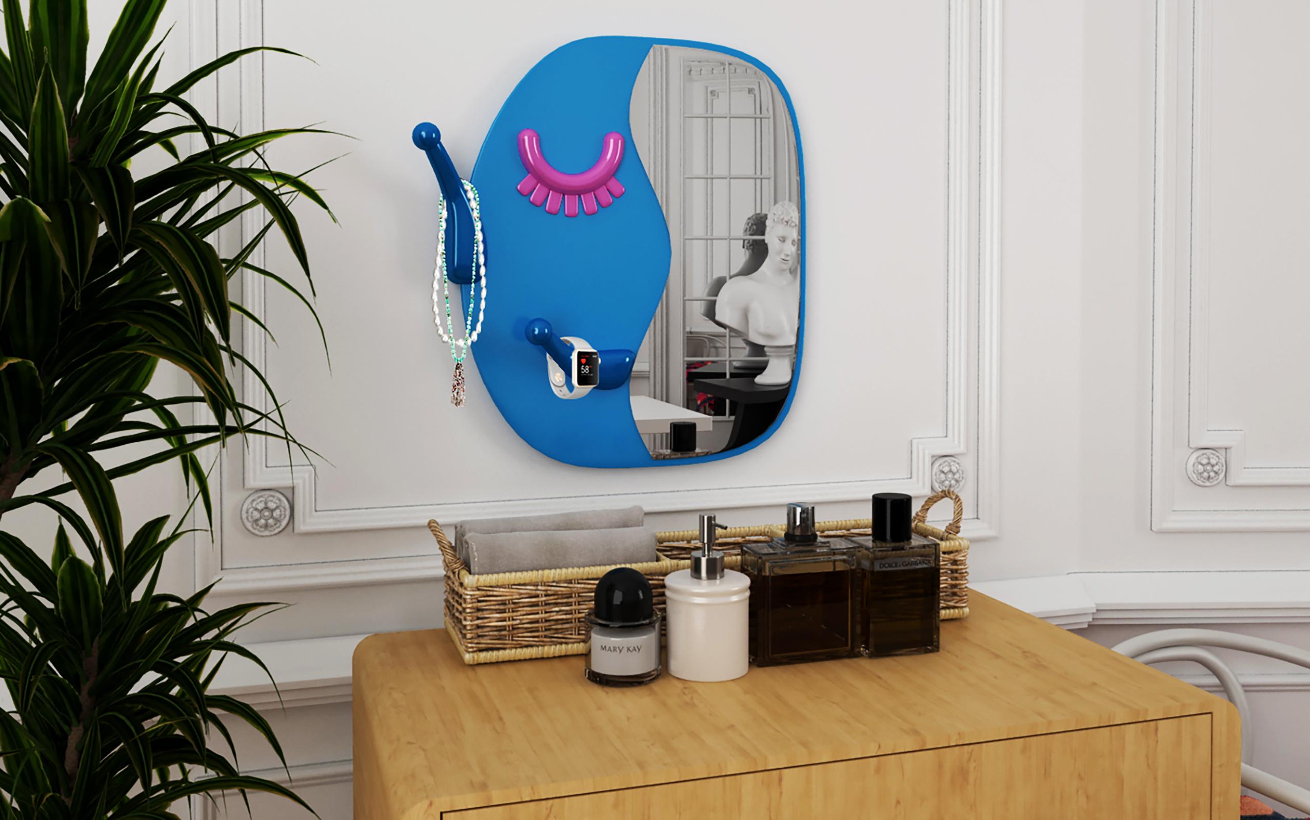 Cast Face to Face S Blue Colorful Wall Mirror For Sale