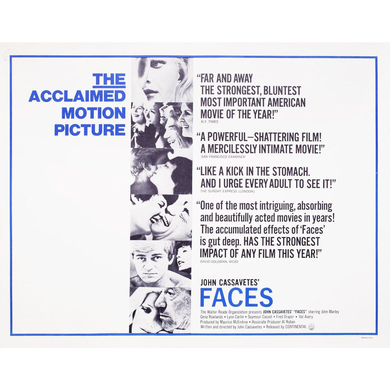 Original 1968 U.S. half sheet poster for the film 'Faces' directed by John Cassavetes with John Marley / Gena Rowlands / Lynn Carlin / Fred Draper. Very good-fine condition, rolled with tape on back. Please note: the size is stated in inches and the