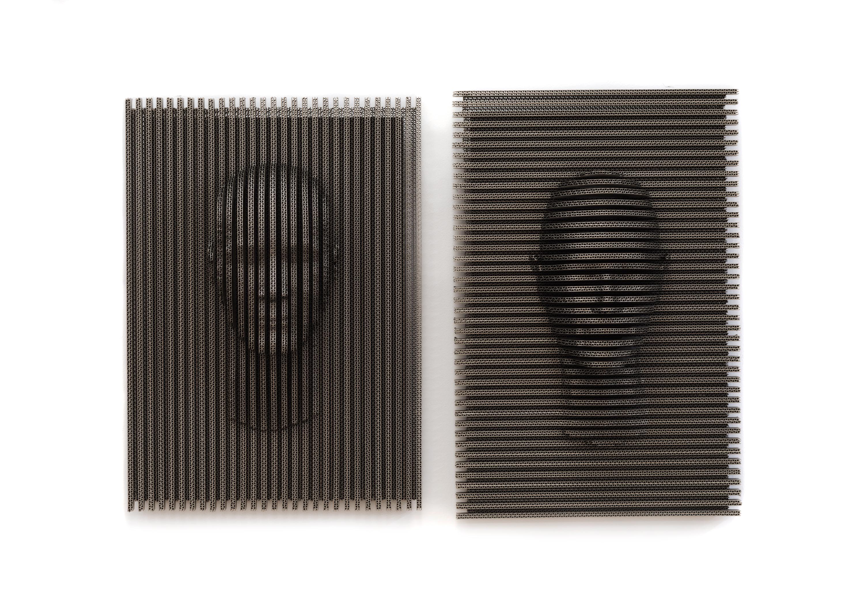 Sculpture made of cardboard sections (4 mm thickness each). Matt finish with stain and exterior polyurethane coating. This Sculpture mixes two techniques, CAD assisted by computer cuts and handmade craftmanship. Since the pieces are carefully