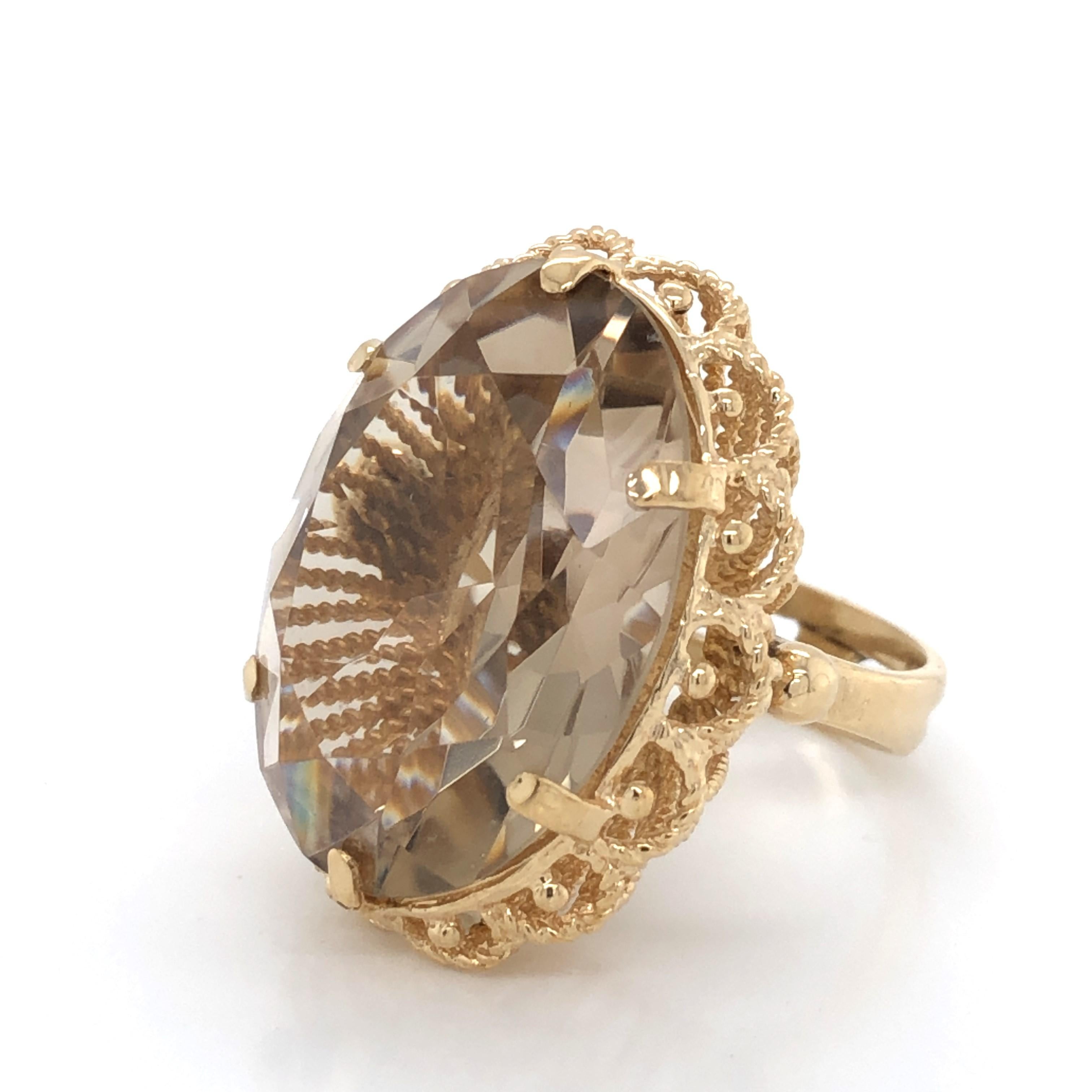 Women's Twenty Five Carat Smokey Quartz 10 Karat Gold Cocktail Ring For Sale