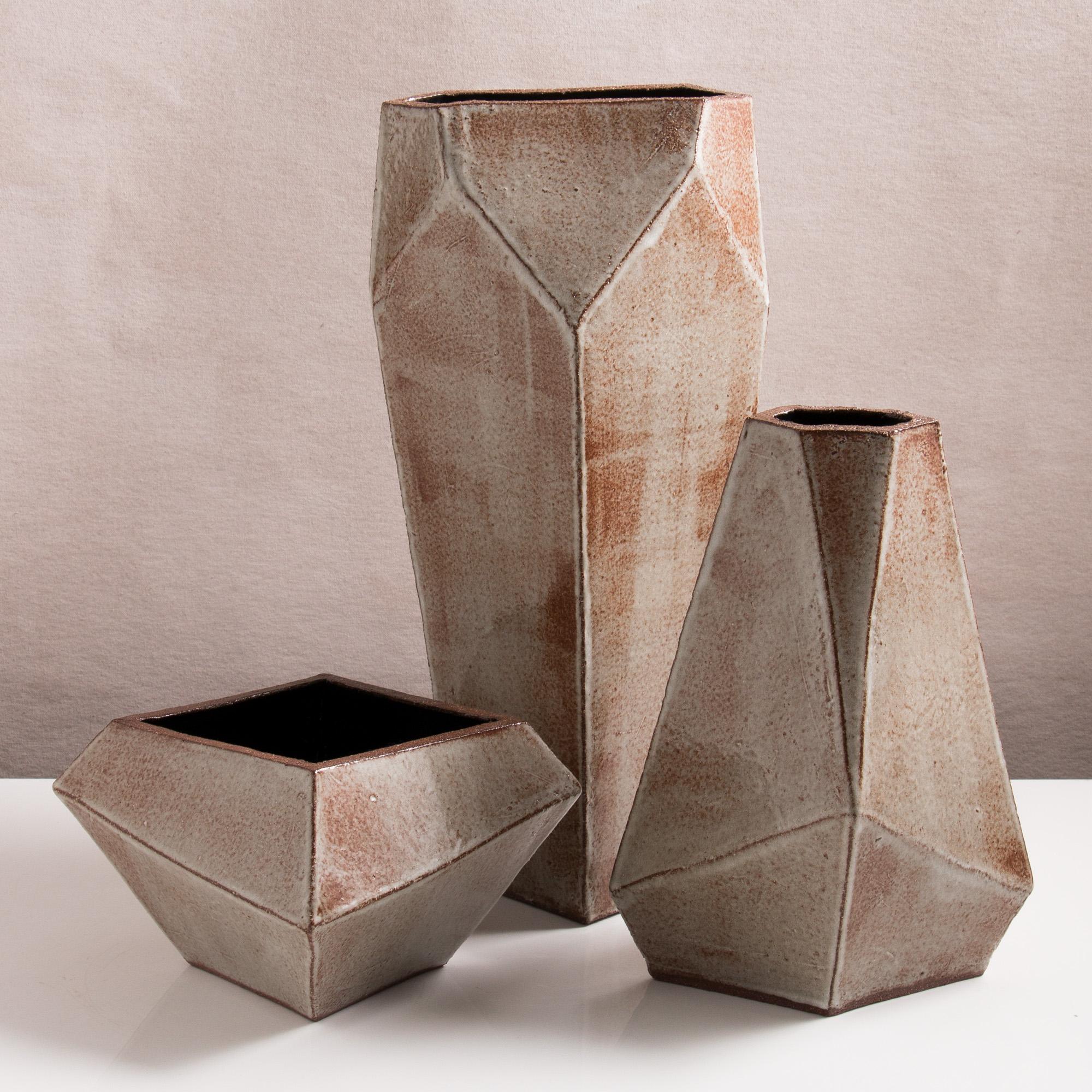 American Facet Gray, Rust, and Black Tall Modern Geometric Ceramic Tower Vase