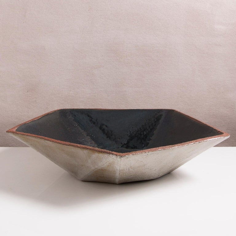 Facet Matte Gray and Black Glazed Low, Wide Geometric Ceramic Coffee