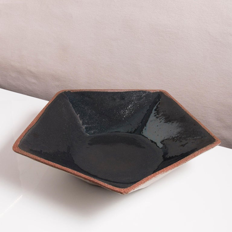 Facet Matte Gray and Black Glazed Low, Wide Geometric Ceramic Coffee