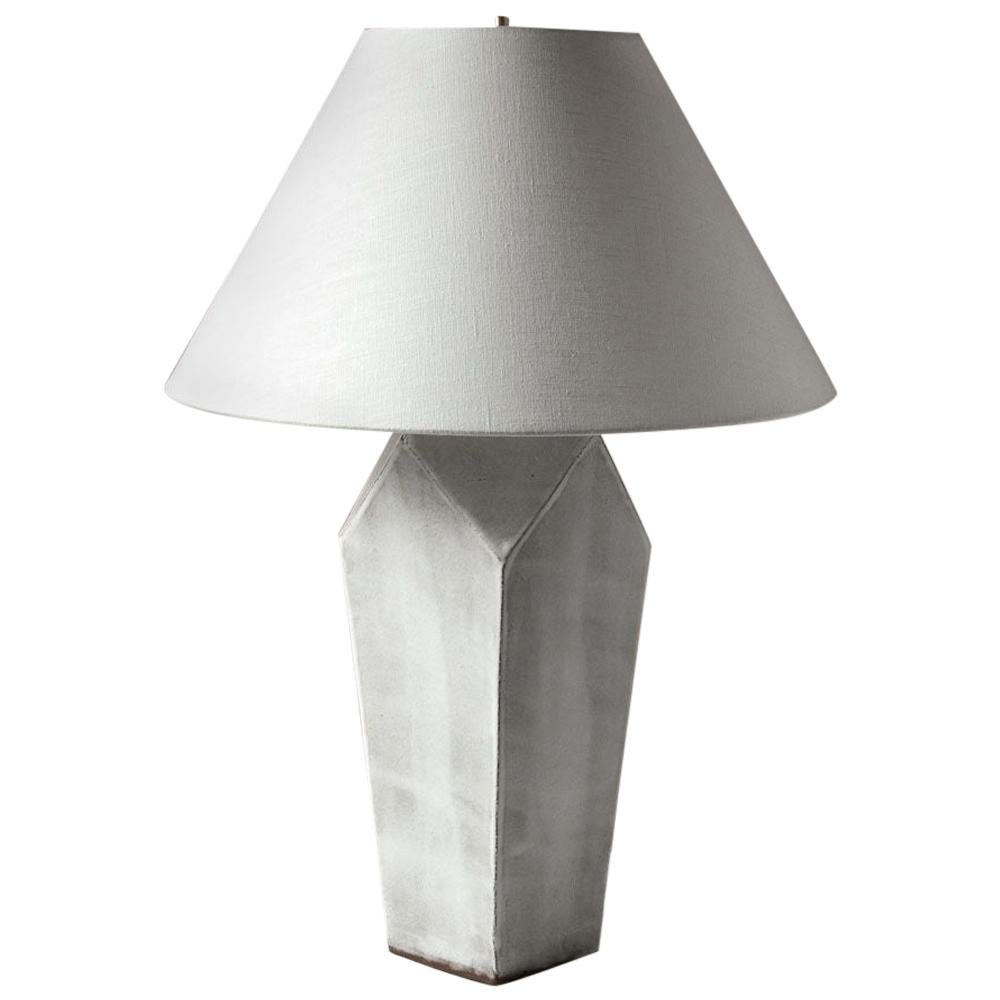 Facet Tower - Tall Matte White Ceramic Table Lamp with Linen Shade For Sale