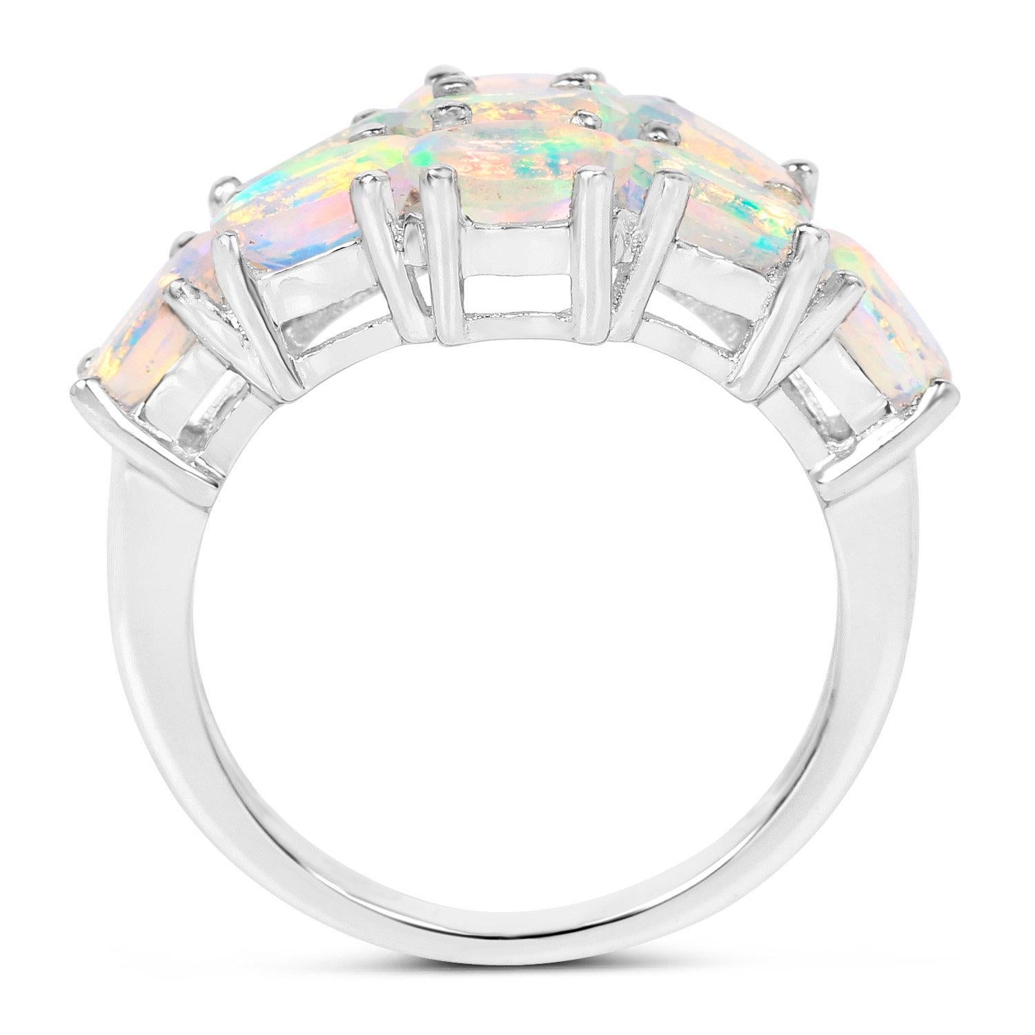 Oval Cut Faceted 2.15 Carats Ethiopian Opal Cluster Ring Sterling Silver For Sale
