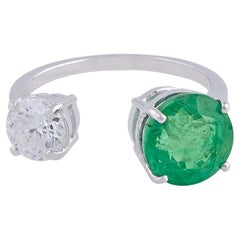Facettierter 3,20ct sambischer Smaragd 0,88ct Diamant Zwei Stein Ring 18k Weißgold