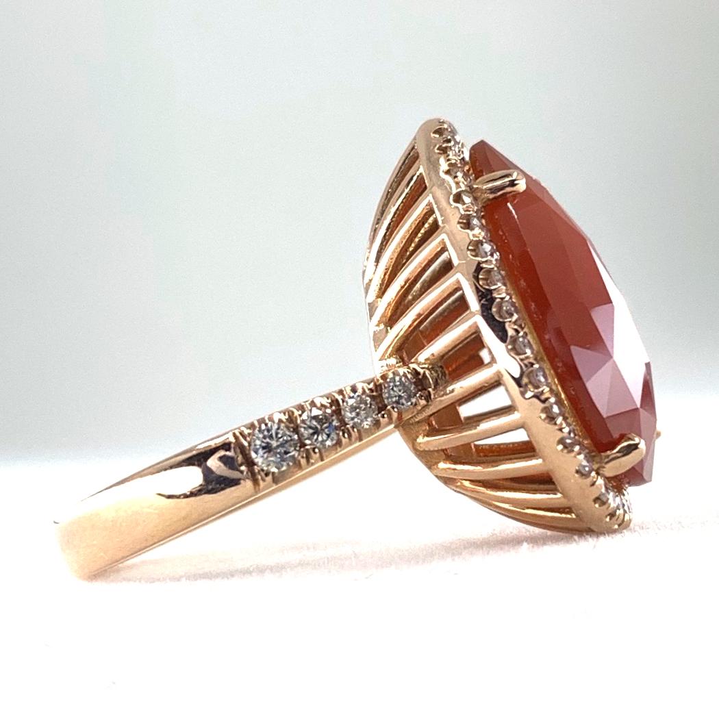 Faceted 4.0 Carat Carnelian Slice Pear-Shaped Diamond Halo Ring in Rose Gold 4