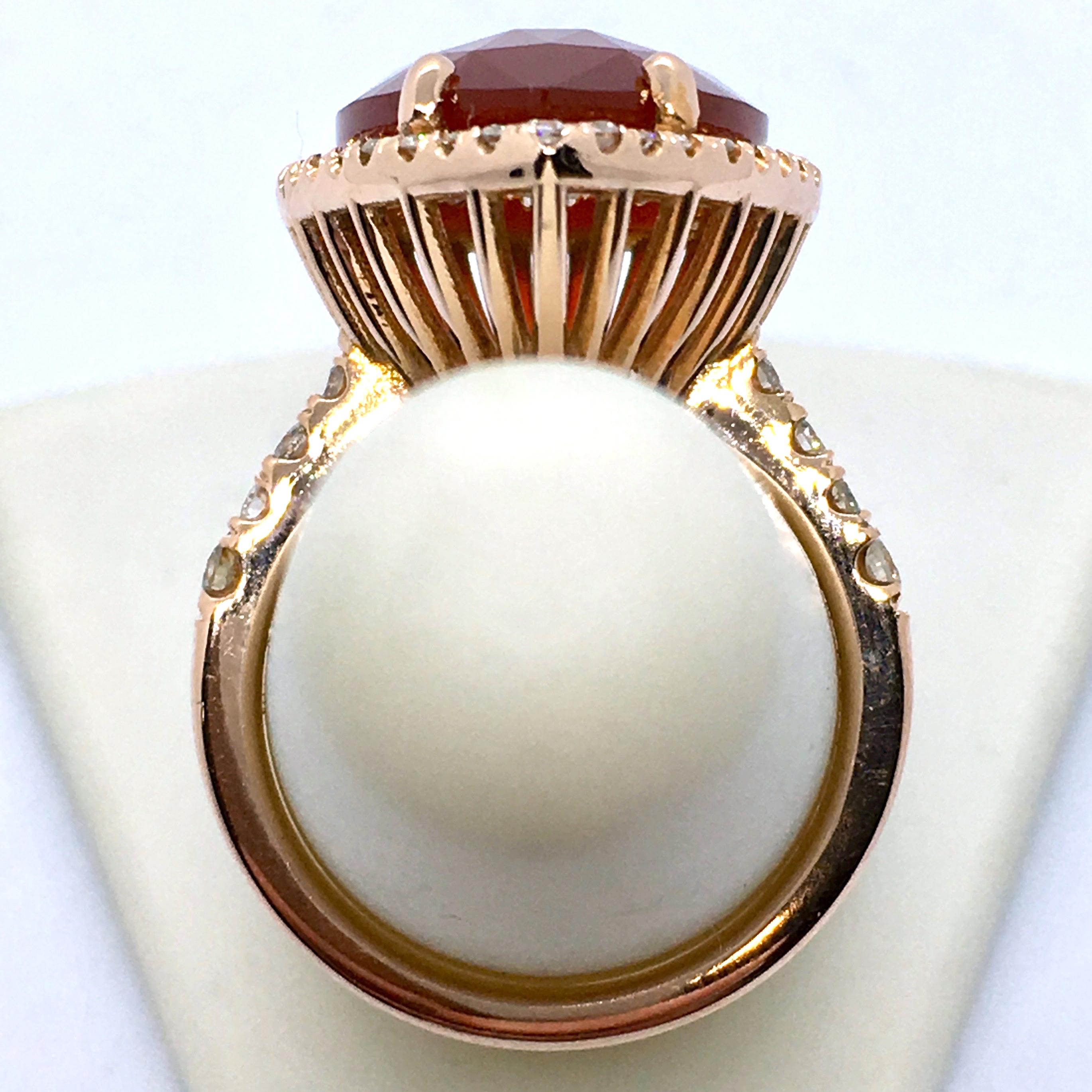 Faceted 4.0 Carat Carnelian Slice Pear-Shaped Diamond Halo Ring in Rose Gold 5