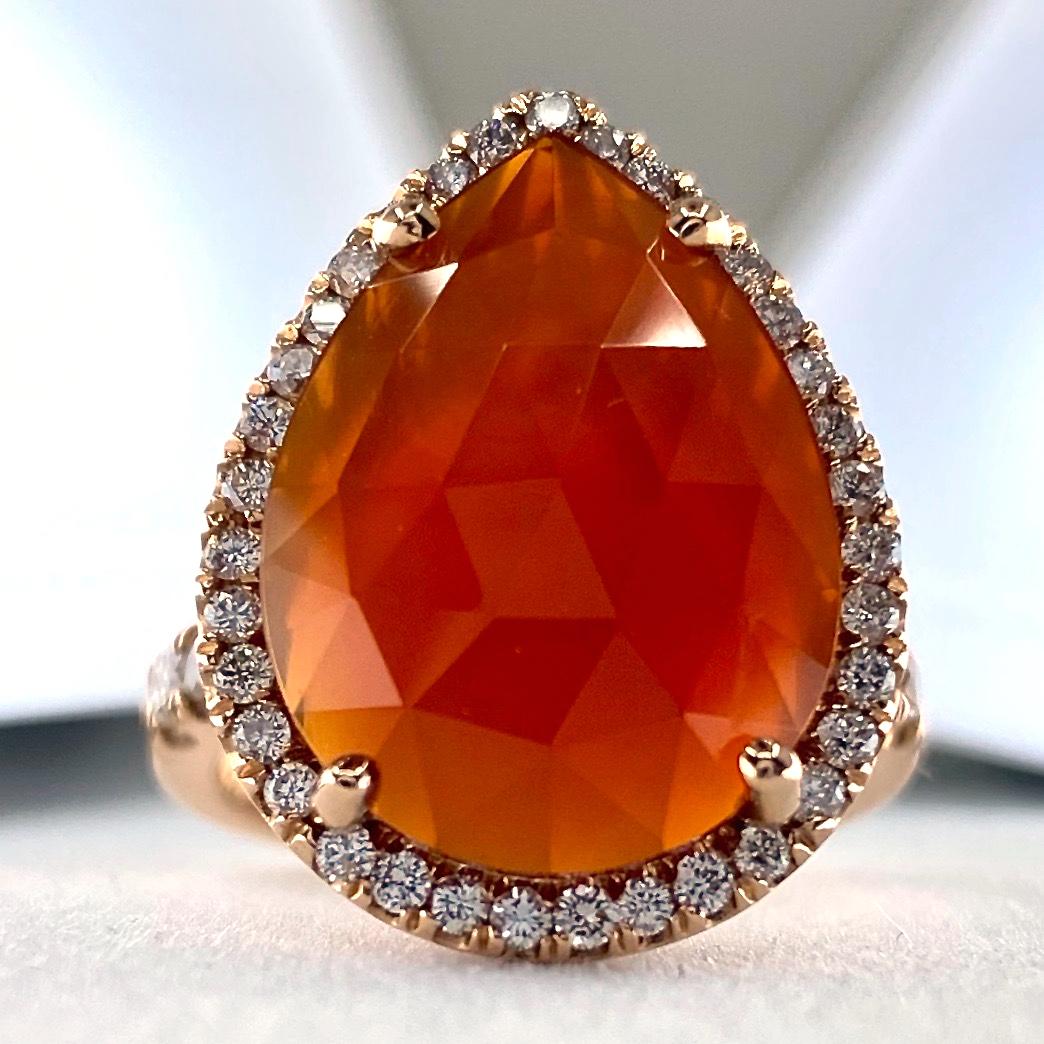 Pear Cut Faceted 4.0 Carat Carnelian Slice Pear-Shaped Diamond Halo Ring in Rose Gold