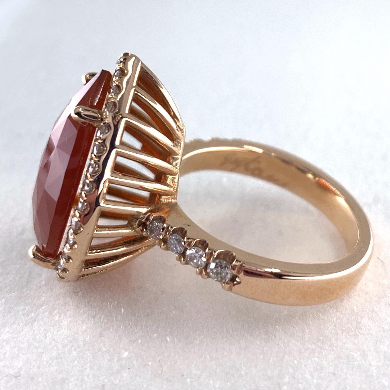 Women's Faceted 4.0 Carat Carnelian Slice Pear-Shaped Diamond Halo Ring in Rose Gold