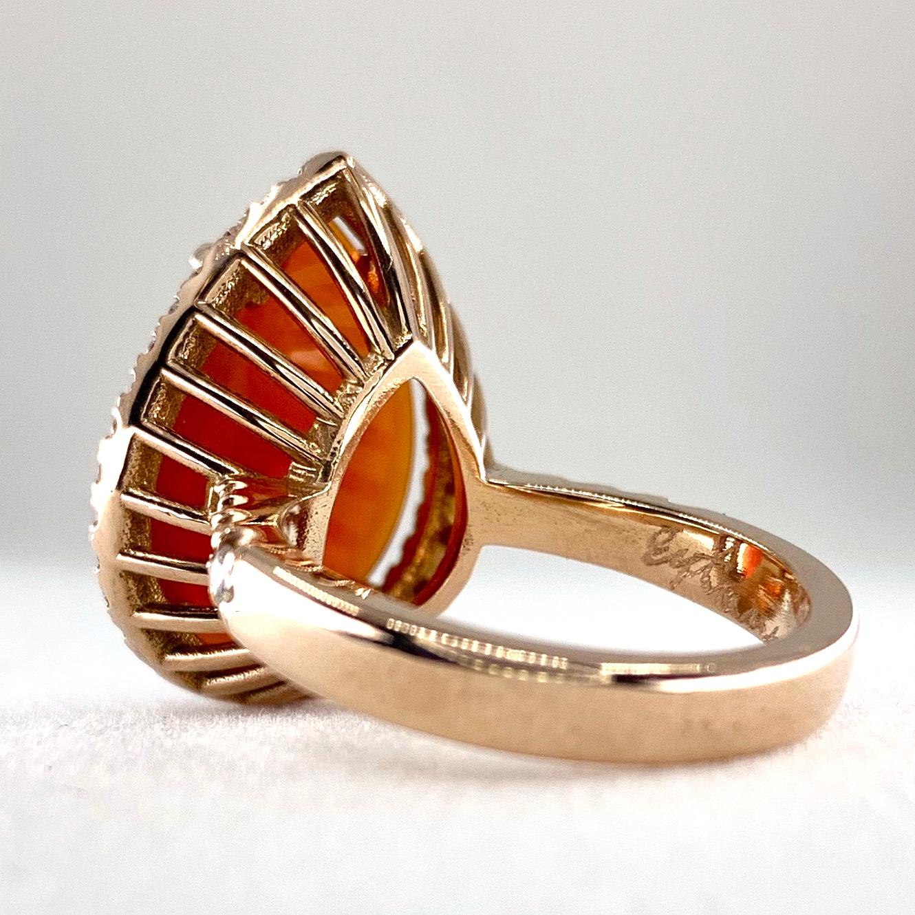 Faceted 4.0 Carat Carnelian Slice Pear-Shaped Diamond Halo Ring in Rose Gold 1