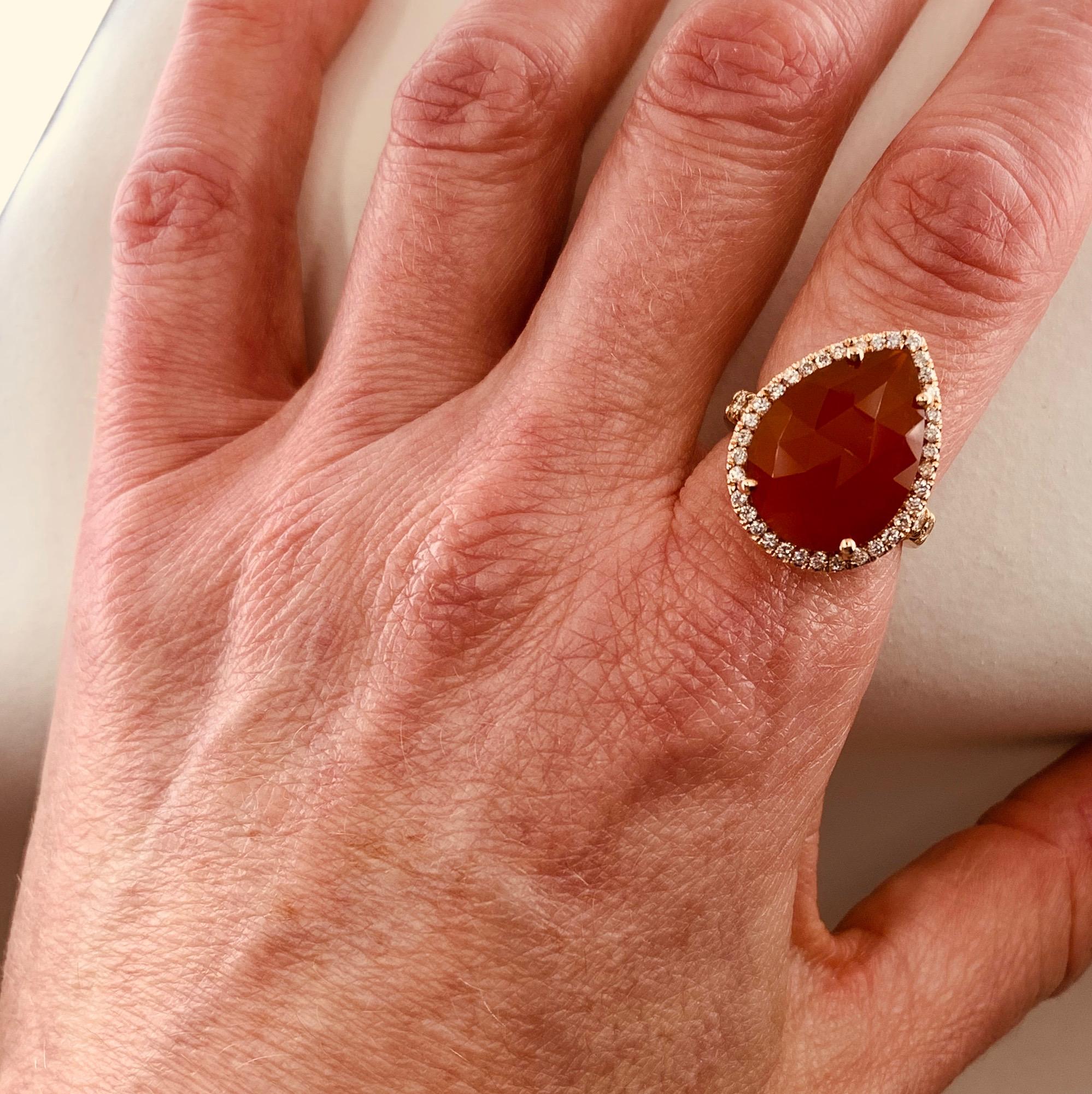 Faceted 4.0 Carat Carnelian Slice Pear-Shaped Diamond Halo Ring in Rose Gold In New Condition In Sherman Oaks, CA